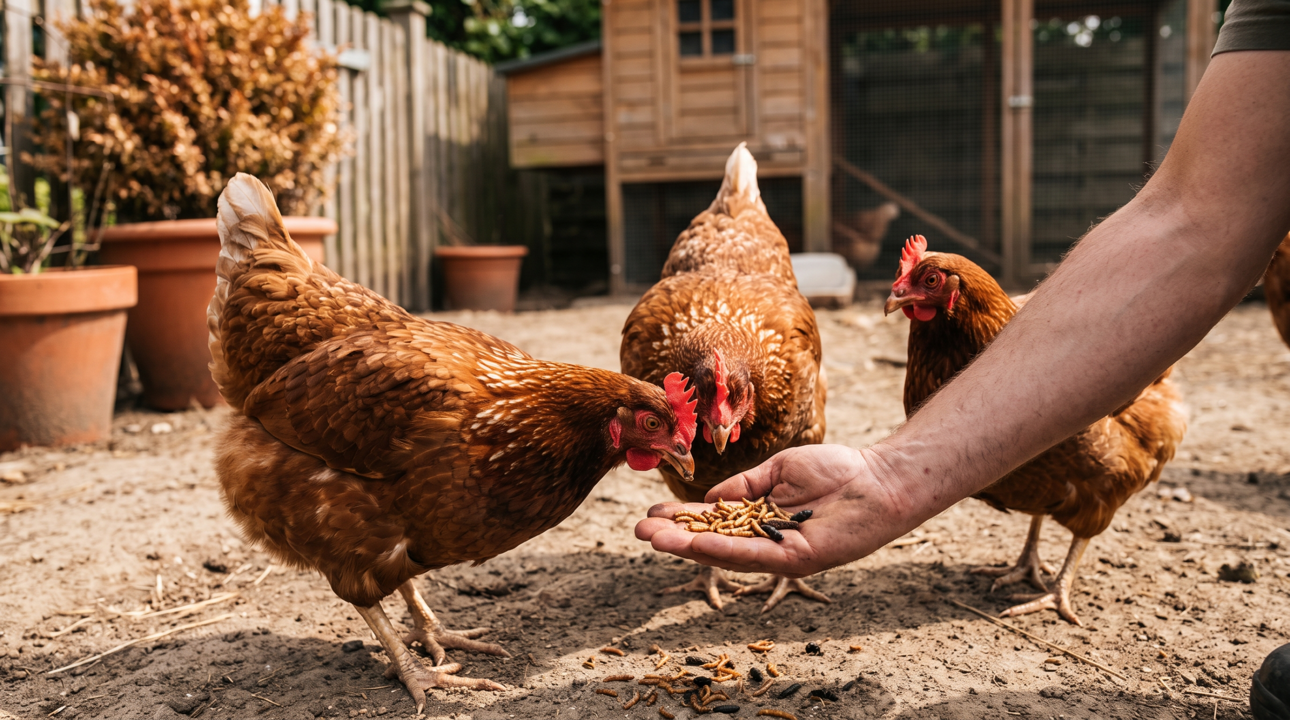 Poules rousses picorant des insectes séchés (vers de farine et larves) dans une main, dans une basse-cour