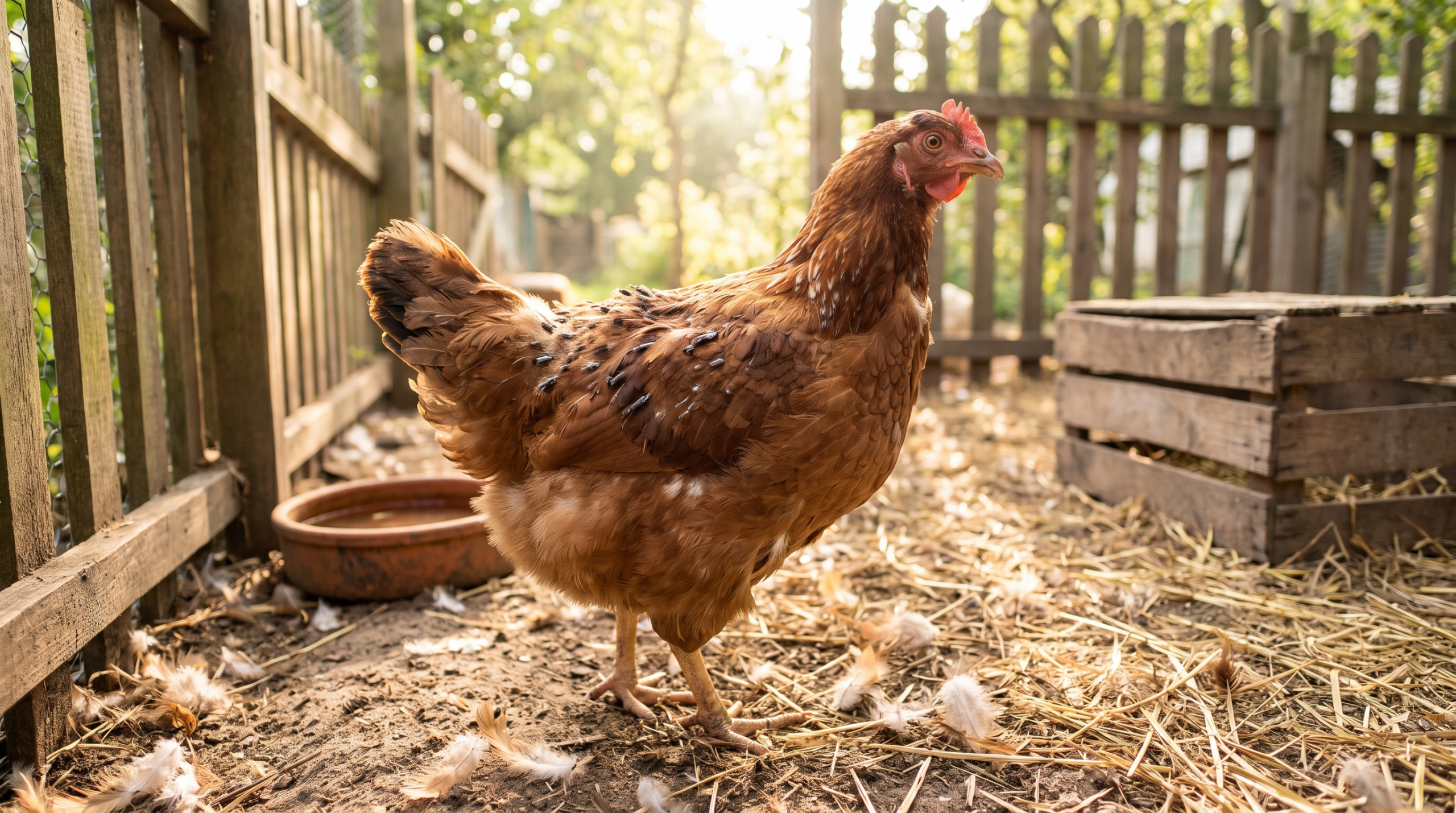 Poule rousse en période de mue dans une basse-cour ensoleillée, plumes tombées au sol, tons terracotta
