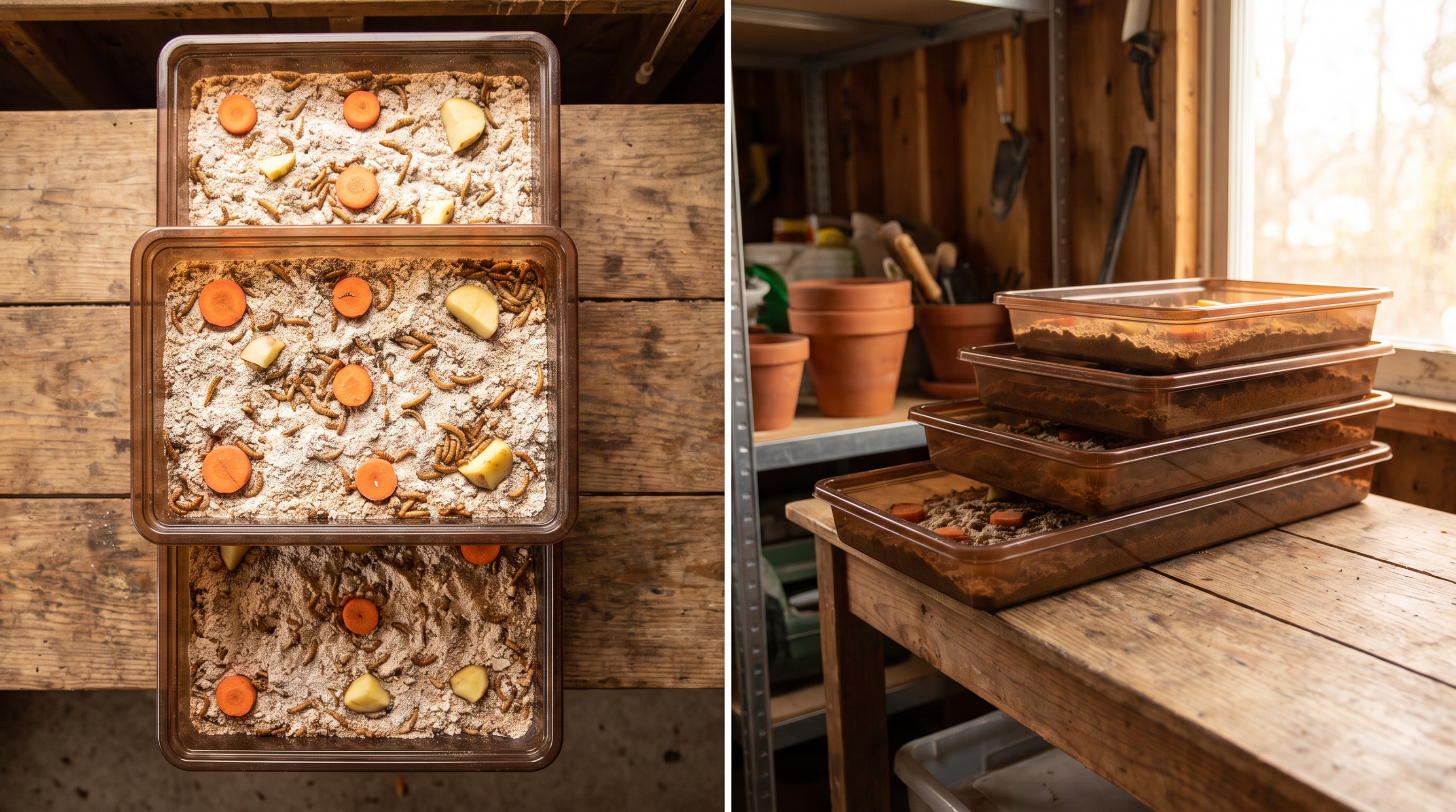 Bacs empilés d'élevage de vers de farine avec substrat de son de blé et rondelles de carotte, ambiance atelier maison, tons terracotta