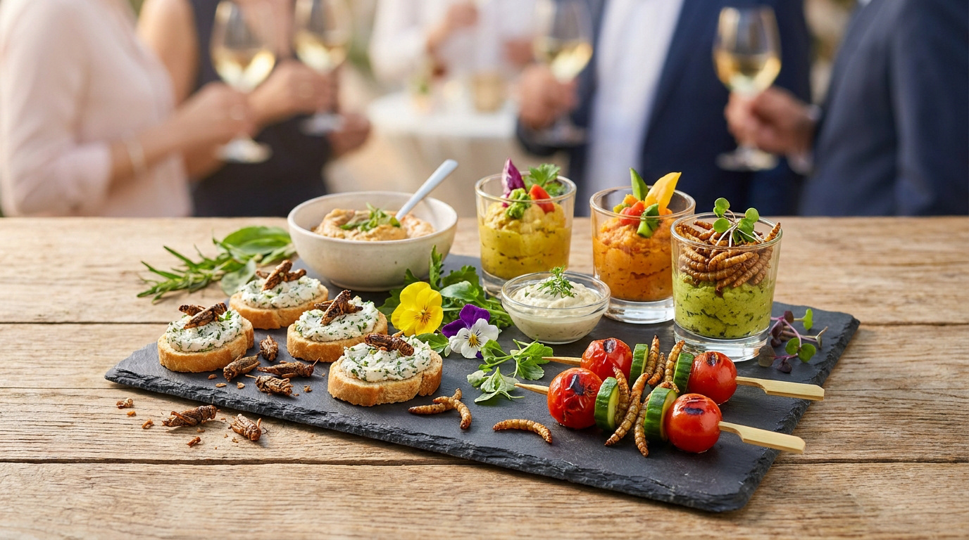 Grillons et vers de farine séchés poêlés servis en apéritif