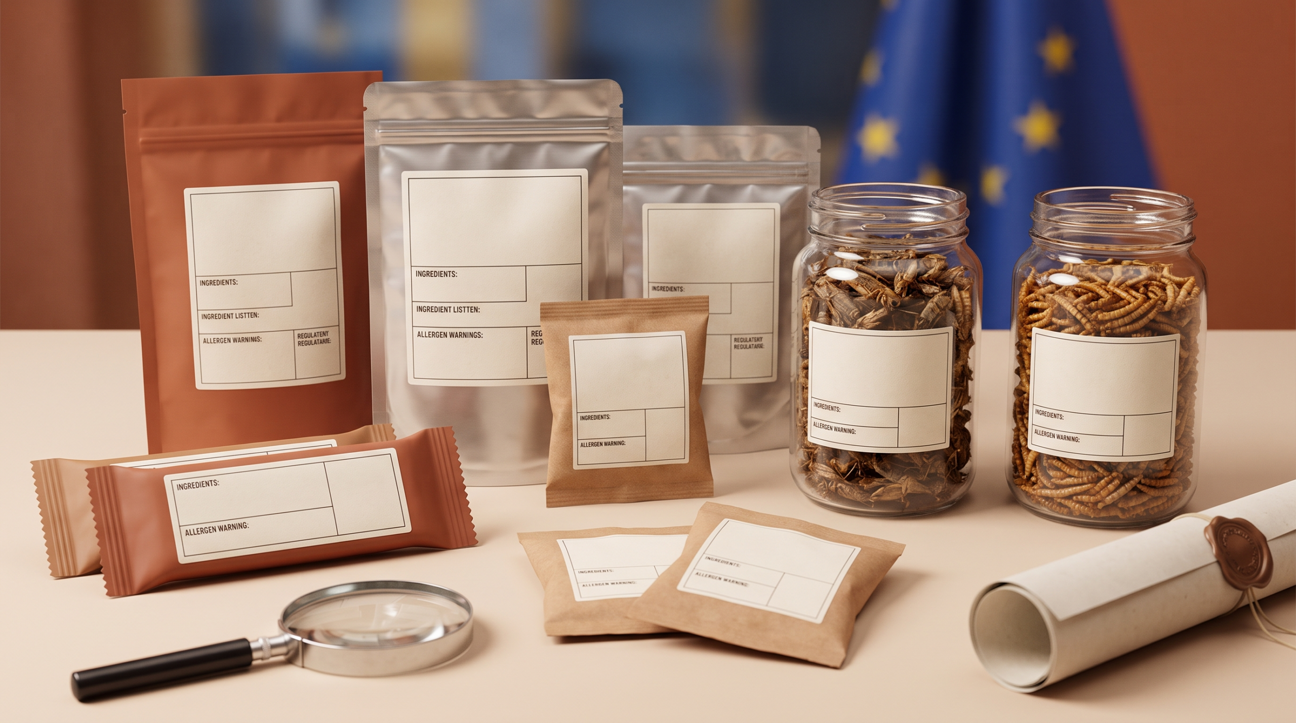 Produits alimentaires à base d'insectes (barres, sachets, bocaux de vers et grillons séchés) portant des étiquettes réglementaires vierges, drapeau européen et document scellé en arrière-plan, tons terracotta