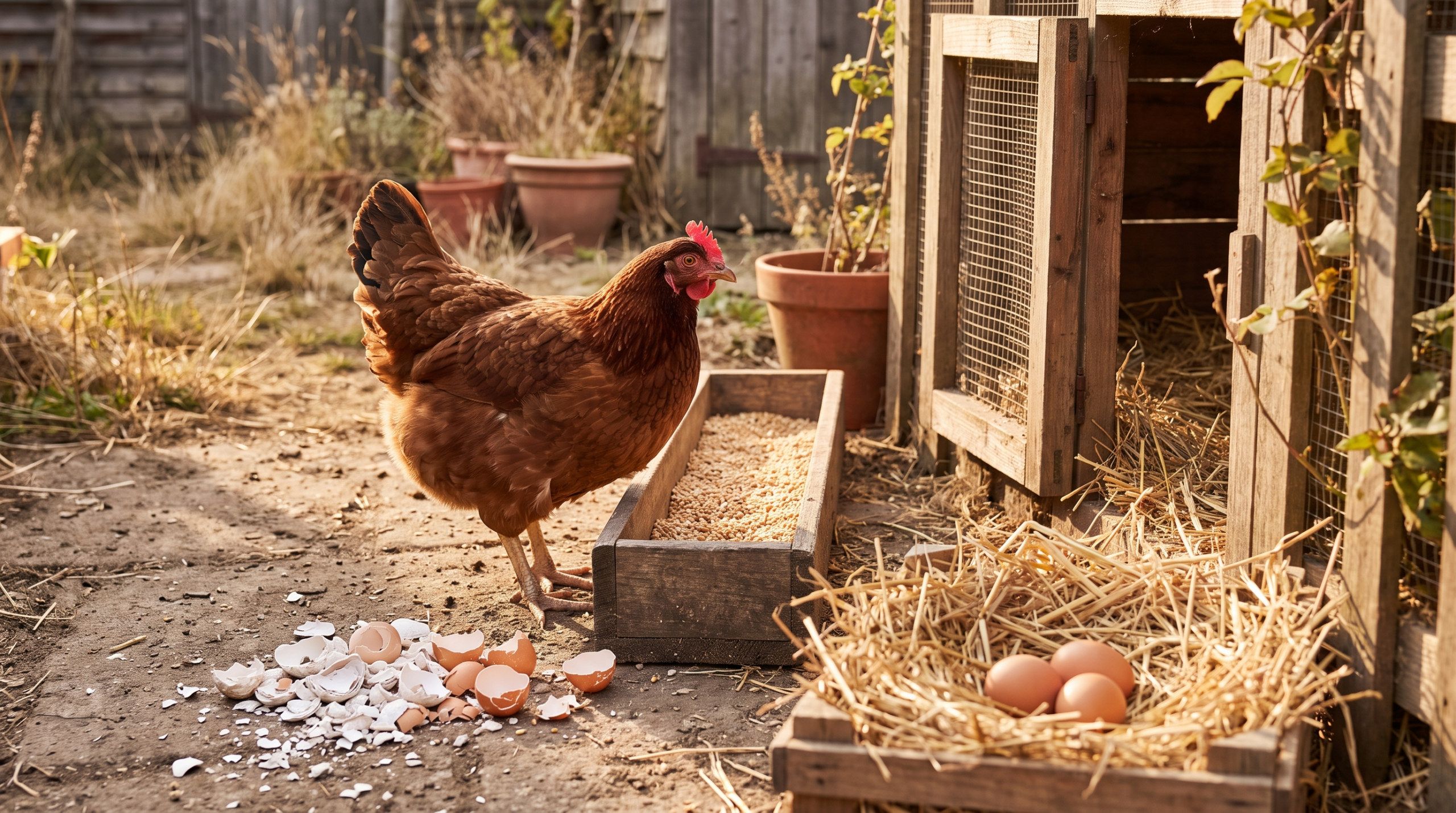 Poule rousse dans une basse-cour ensoleillée près d'un tas de coquilles concassées et d'œufs bruns dans la paille, tons terracotta