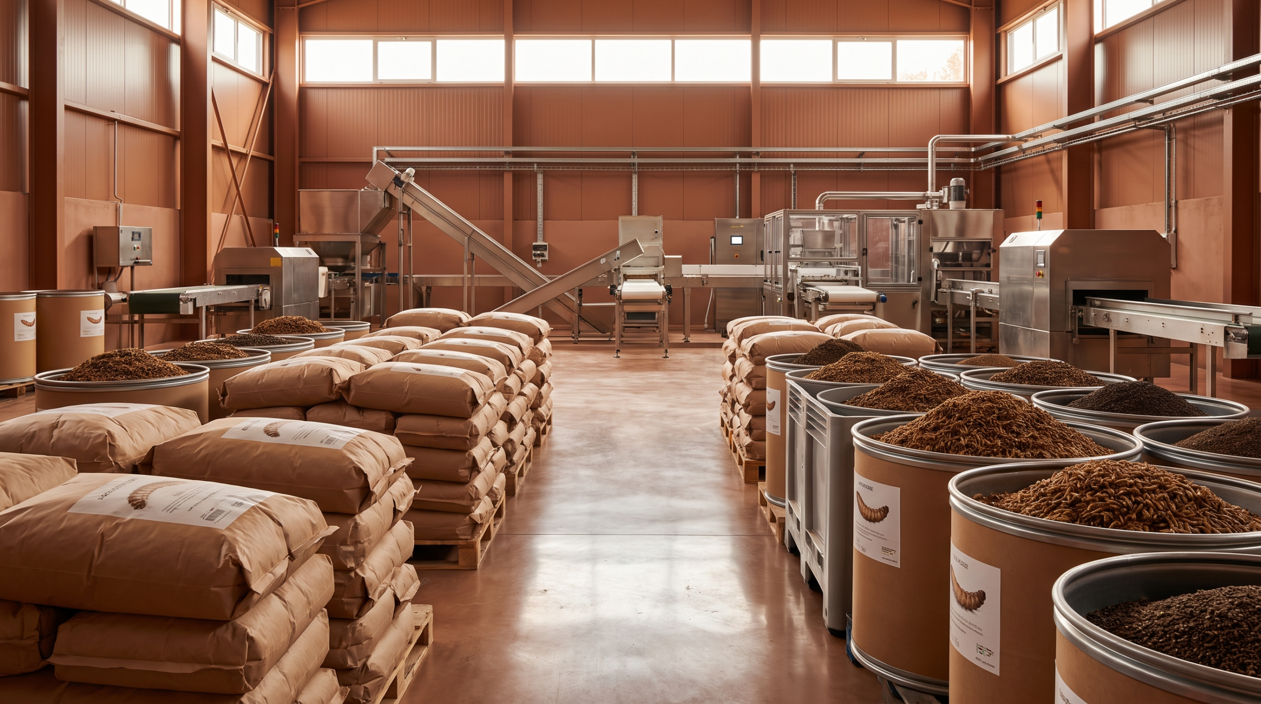 Site industriel de production de farine d'insectes pour l'alimentation animale, rangées de sacs et bacs de granulés feed, ambiance agro-industrielle moderne aux tons terracotta et bronze