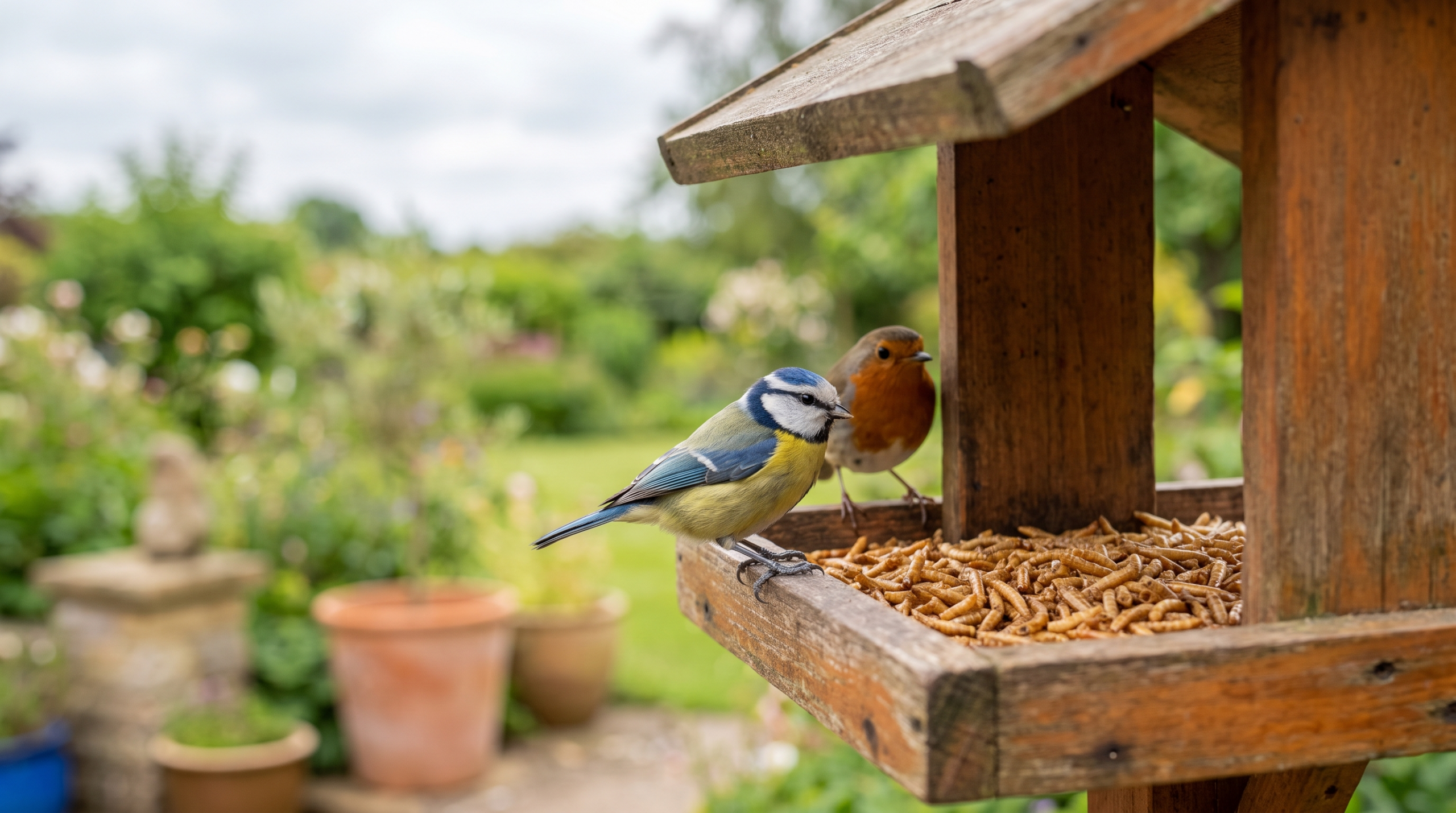Mésange bleue et rouge-gorge sur une mangeoire de jardin garnie de vers de farine séchés, jardin verdoyant, tons terracotta
