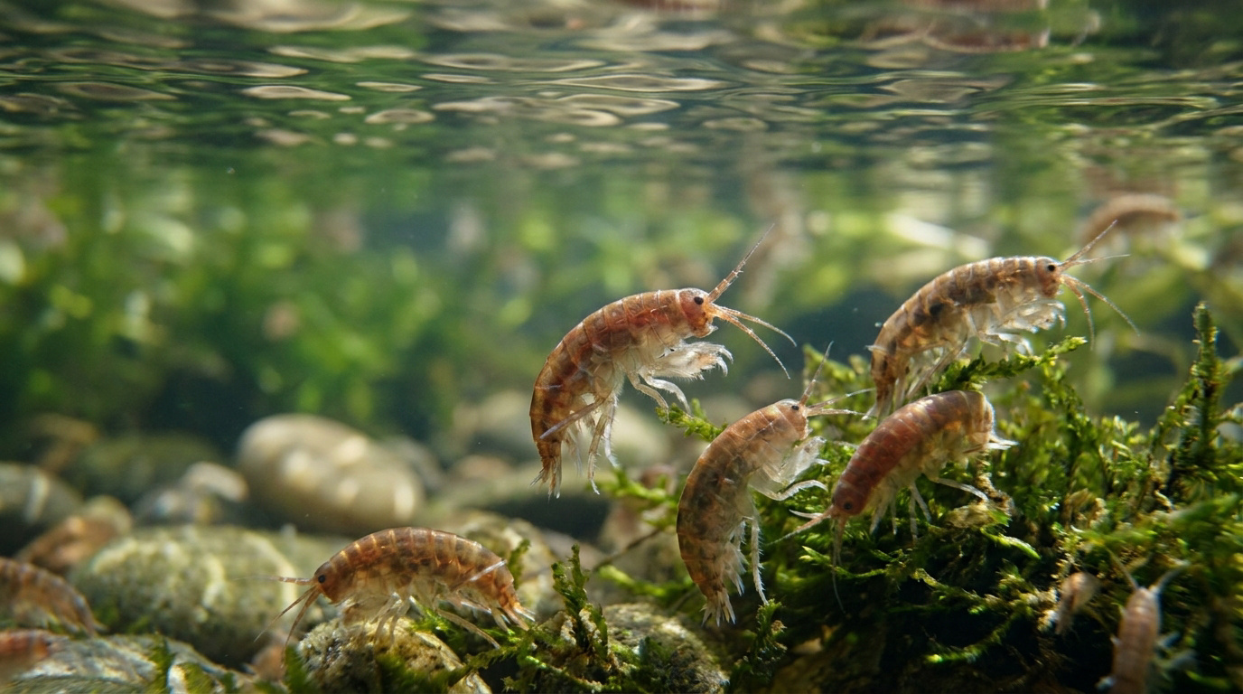 Gammares séchés, petits crustacés d'eau douce riches en protéines