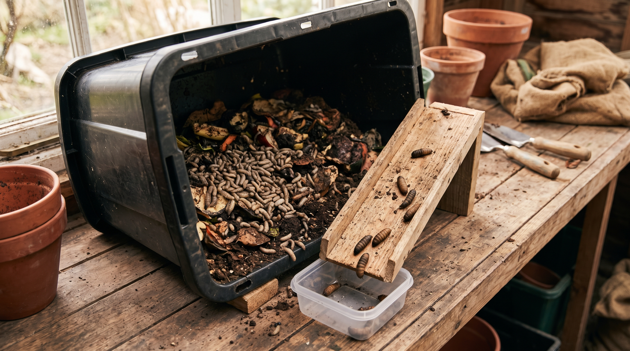 Larvarium de larves de mouche soldat noire dans un bac de bio-composteur avec rampe d'auto-récolte vers un bac de collecte, ambiance atelier de jardin, tons terracotta