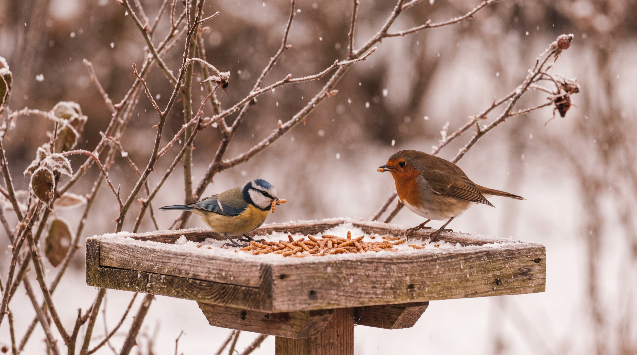 Mésange bleue et rouge-gorge sur une mangeoire plateau givrée garnie de vers de farine séchés, jardin sous la neige, tons terracotta