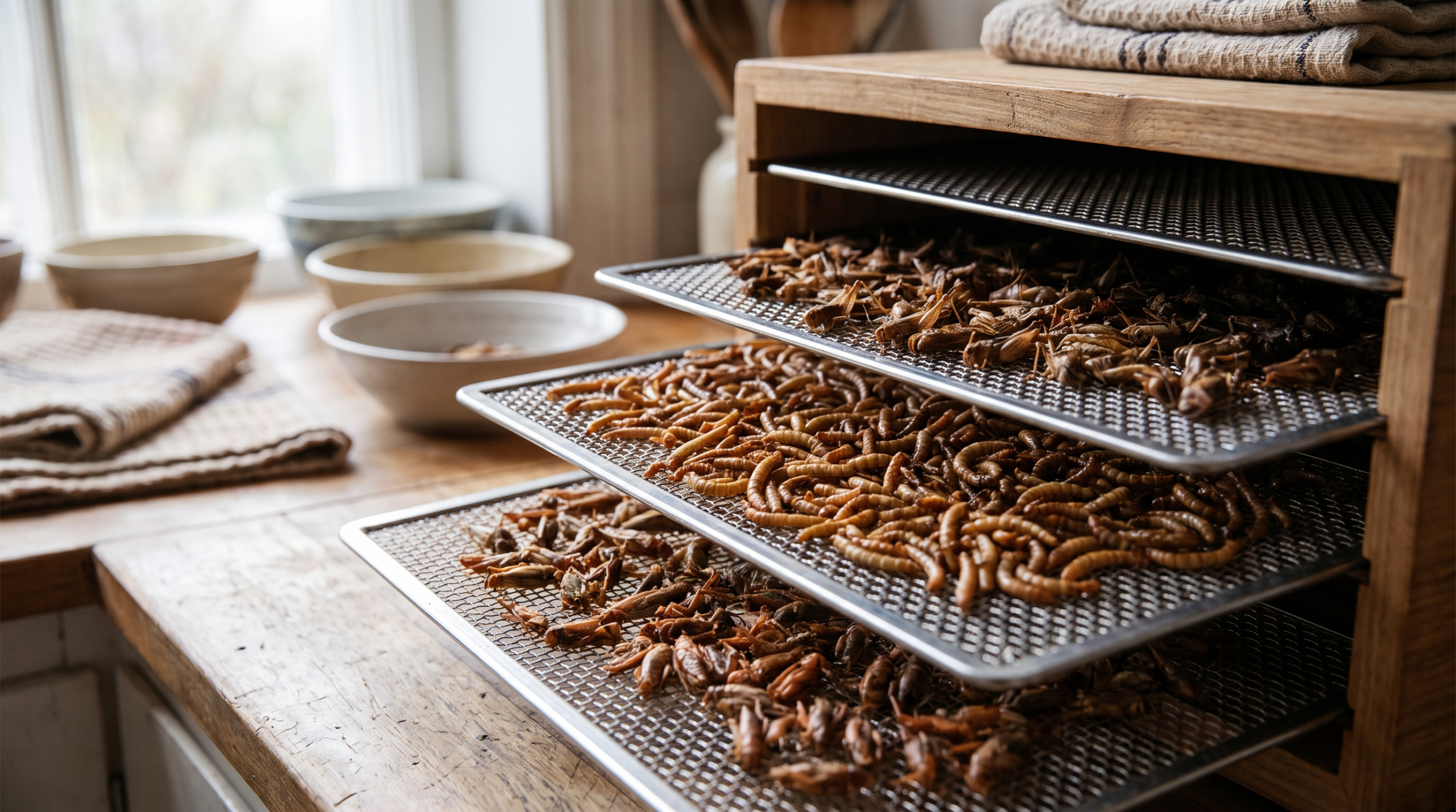 Vers de farine et grillons en train de sécher sur la grille d'un déshydrateur alimentaire maison, tons terracotta