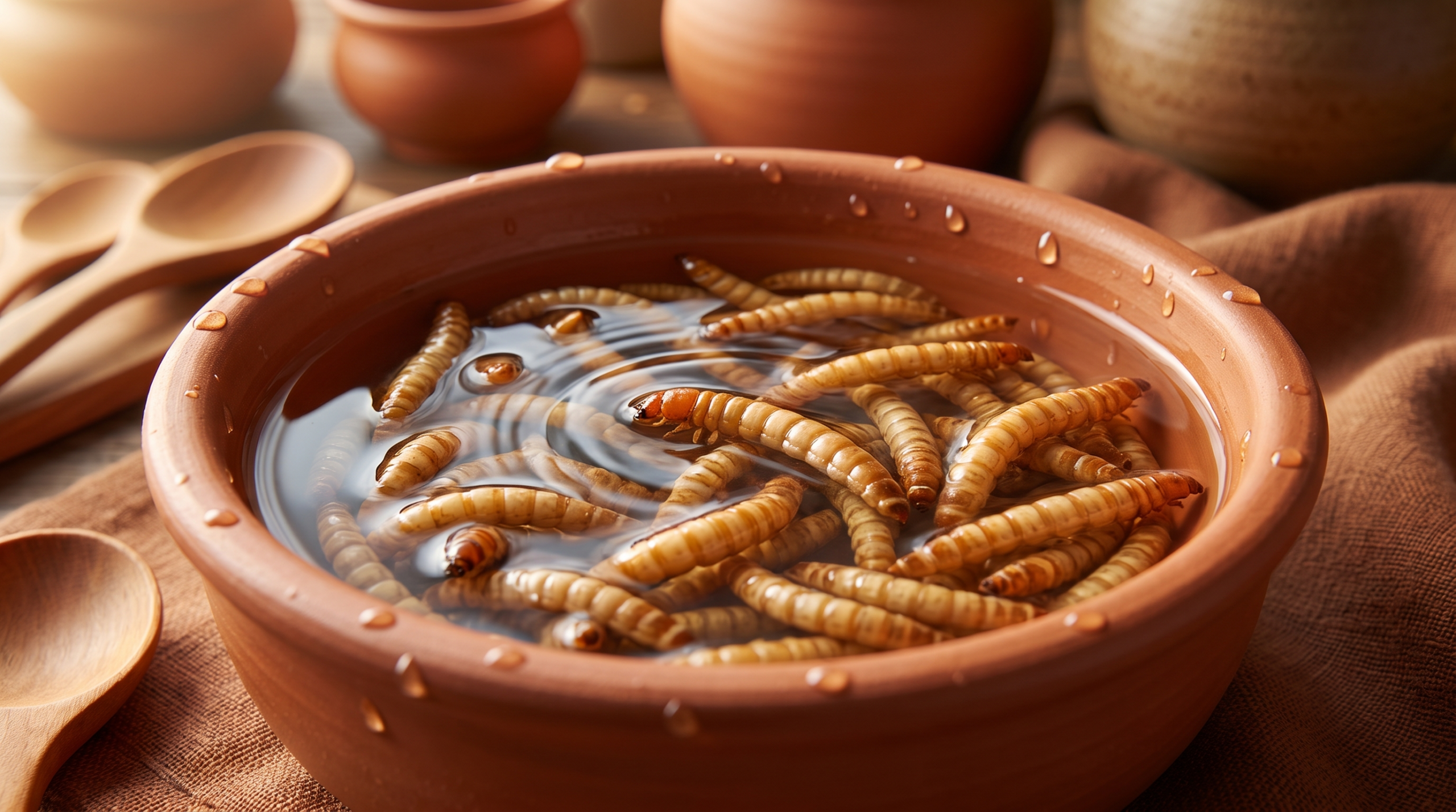 Gros plan de vers de farine séchés en train de tremper et gonfler dans un bol d'eau tiède, tons terracotta