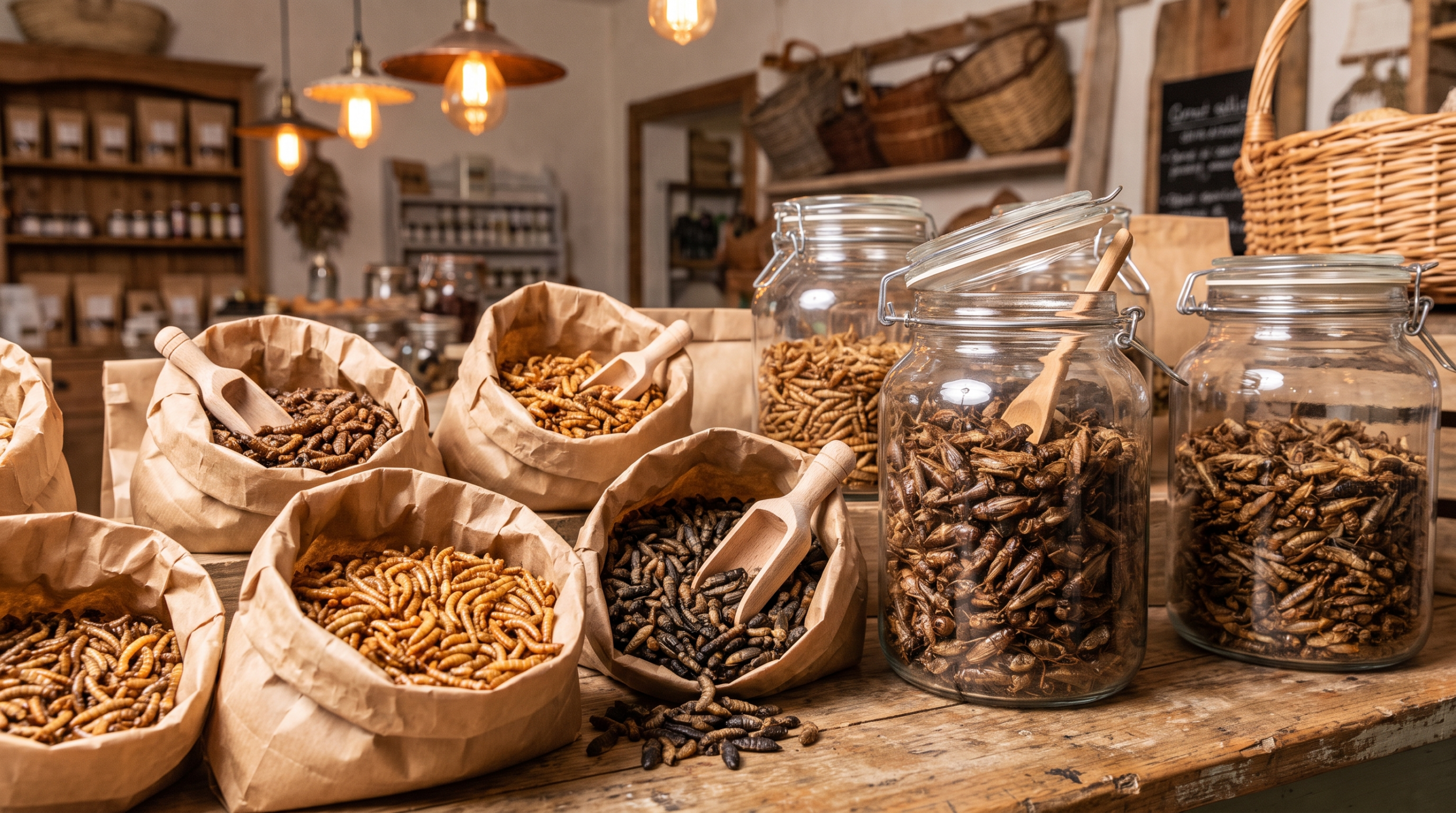 Sachets kraft ouverts et bocaux en verre remplis d'insectes séchés variés (vers de farine, grillons, larves) exposés sur un étal de boutique en bois, ambiance épicerie artisanale, tons terracotta
