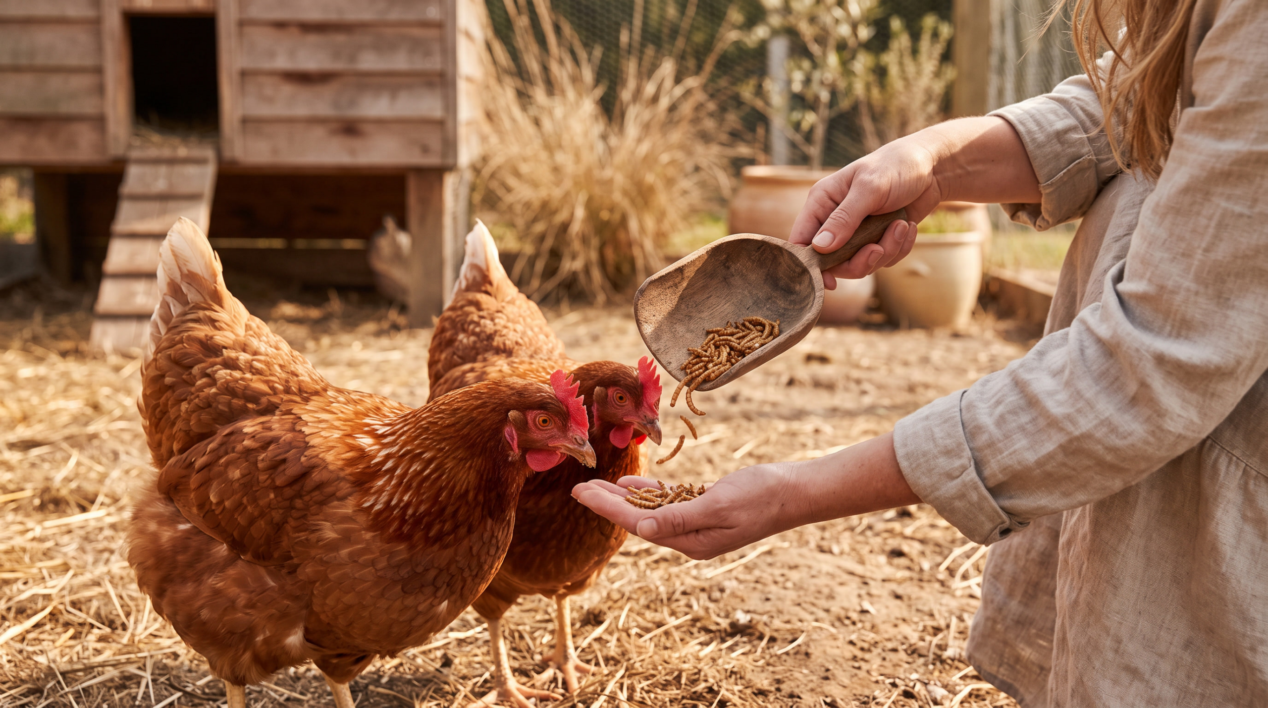 Une main dose des vers de farine séchés d'une pelle en bois à deux poules rousses dans un enclos ensoleillé