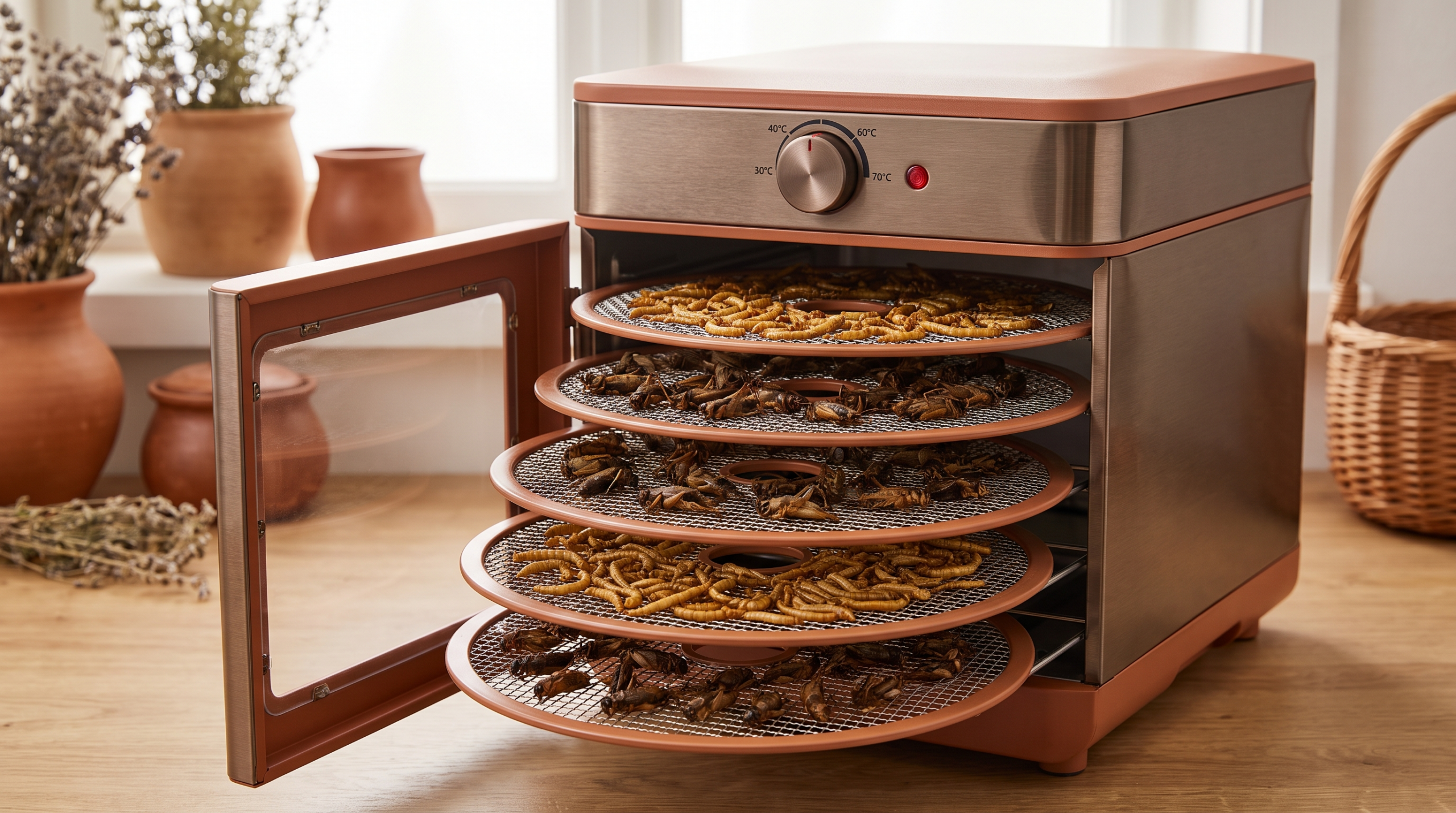 Déshydrateur alimentaire ouvert avec plateaux d'insectes en séchage et molette de température 40-70 °C, tons terracotta