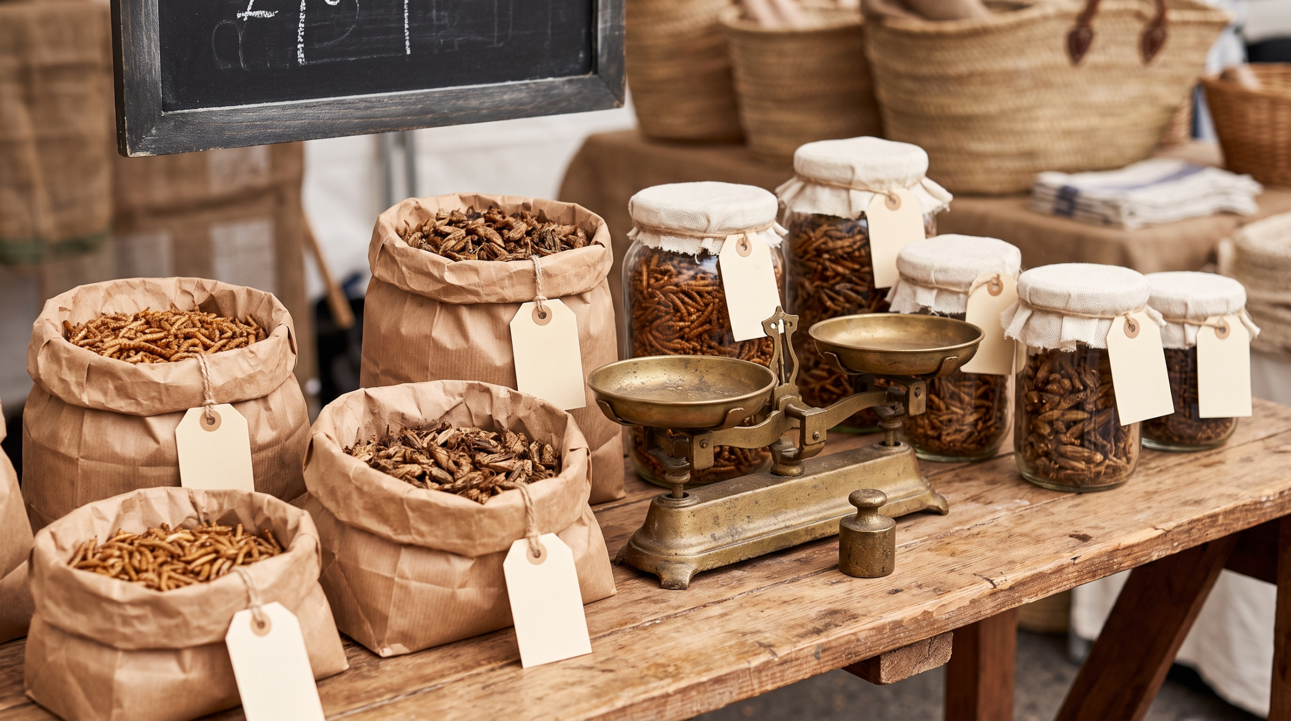 Étal de marché en bois avec des sacs kraft et des bocaux en verre remplis de vers de farine et de grillons séchés, étiquettes de prix vierges et balance de comptoir en laiton, ambiance épicerie artisanale, tons terracotta
