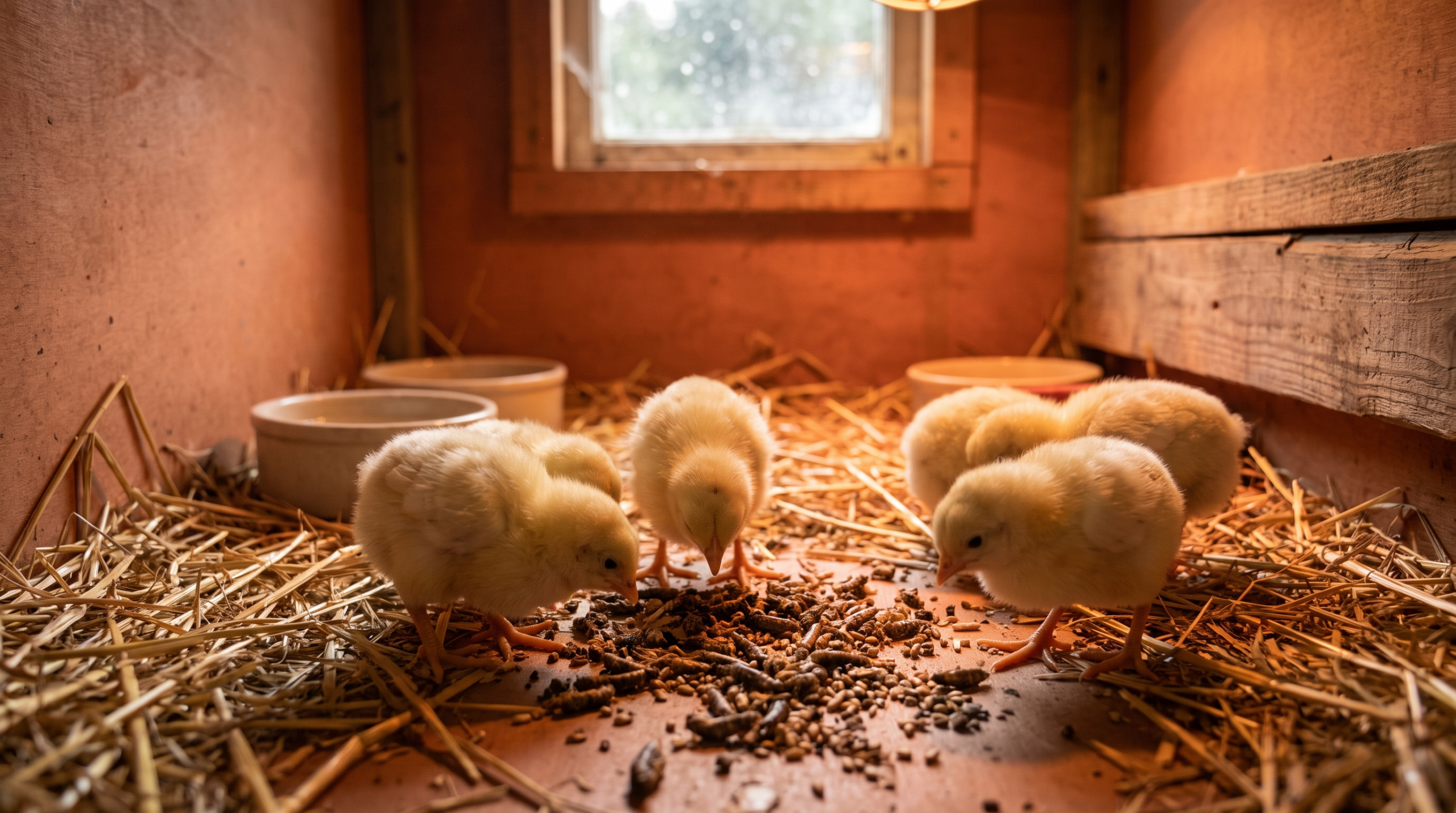 Poussins jaunes picorant un mélange de miettes et de petits insectes séchés sur la litière d'un couvoir chaleureux