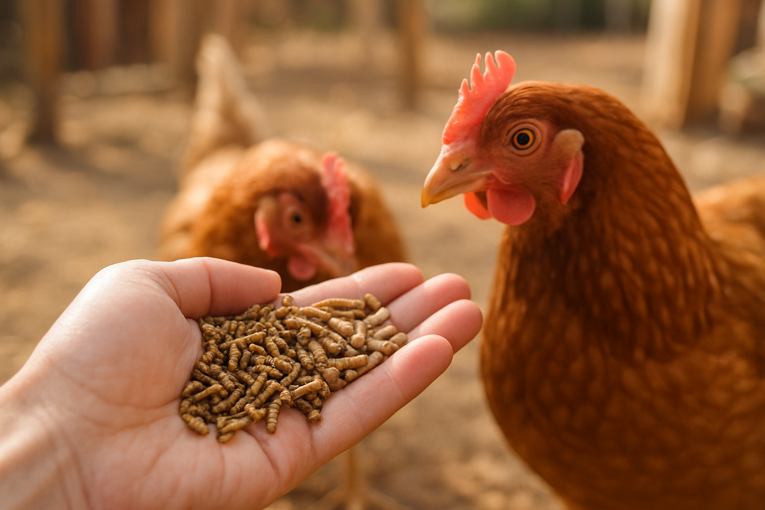 Main tendue offrant des insectes séchés (vers de farine et larves) à deux poules rousses curieuses