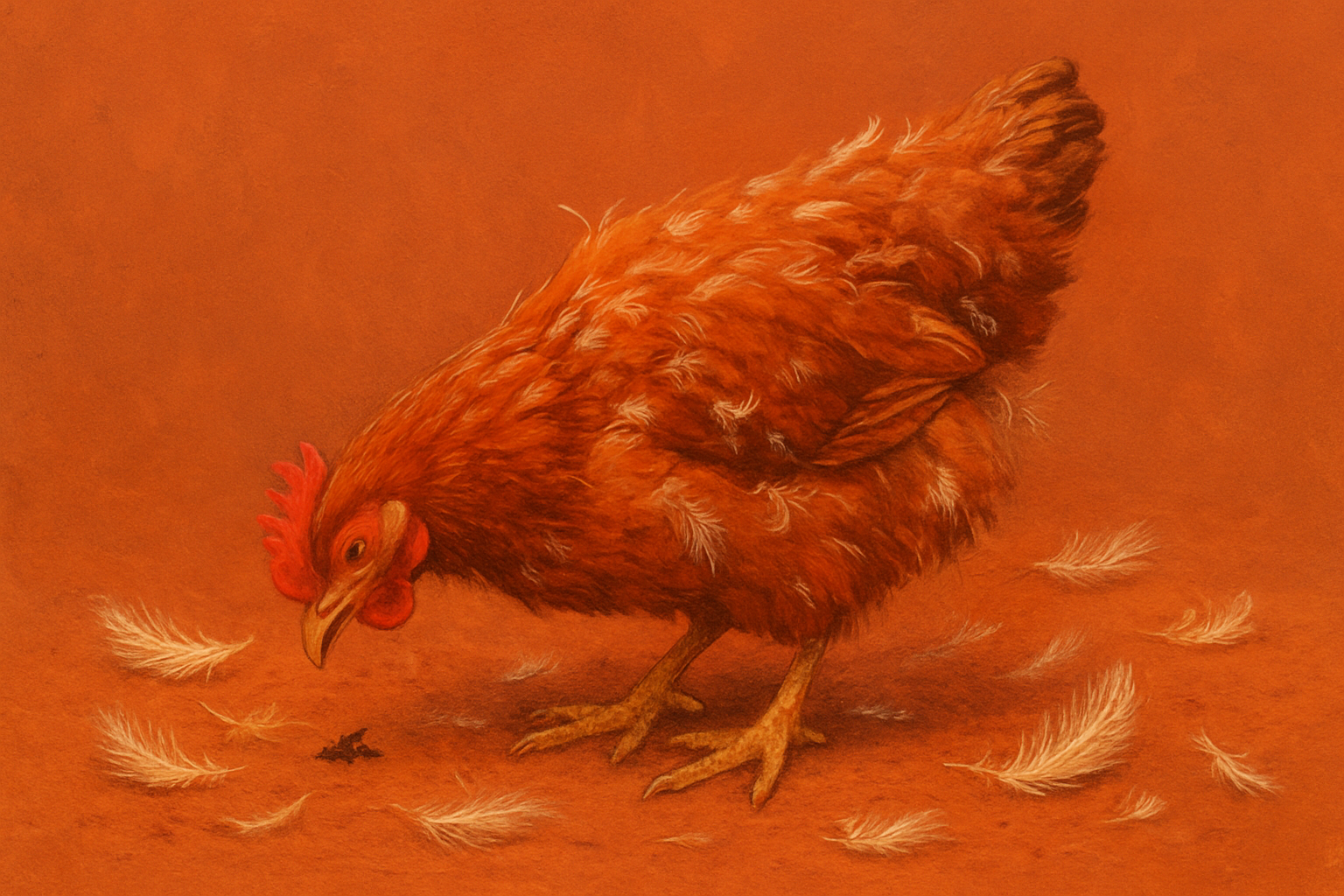 Poule rousse en période de mue picorant des insectes séchés au sol parmi des plumes tombées, tons terracotta