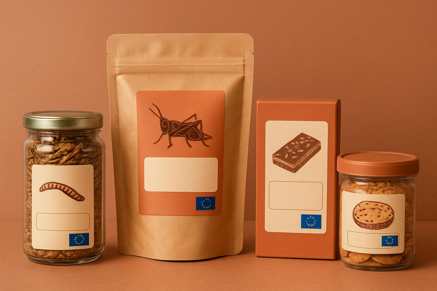 Produits alimentaires à base d'insectes avec étiquette réglementaire européenne, tons terracotta, ambiance officielle