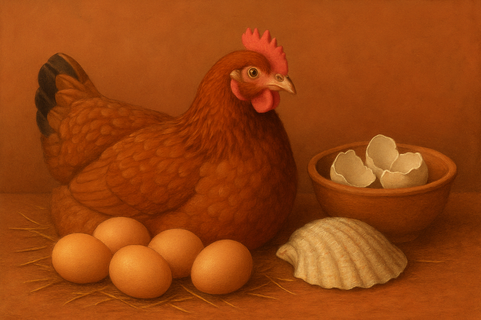 Poule rousse à côté d'œufs bruns, d'une coquille d'huître et d'un bol de coquilles d'œufs broyées, tons terracotta