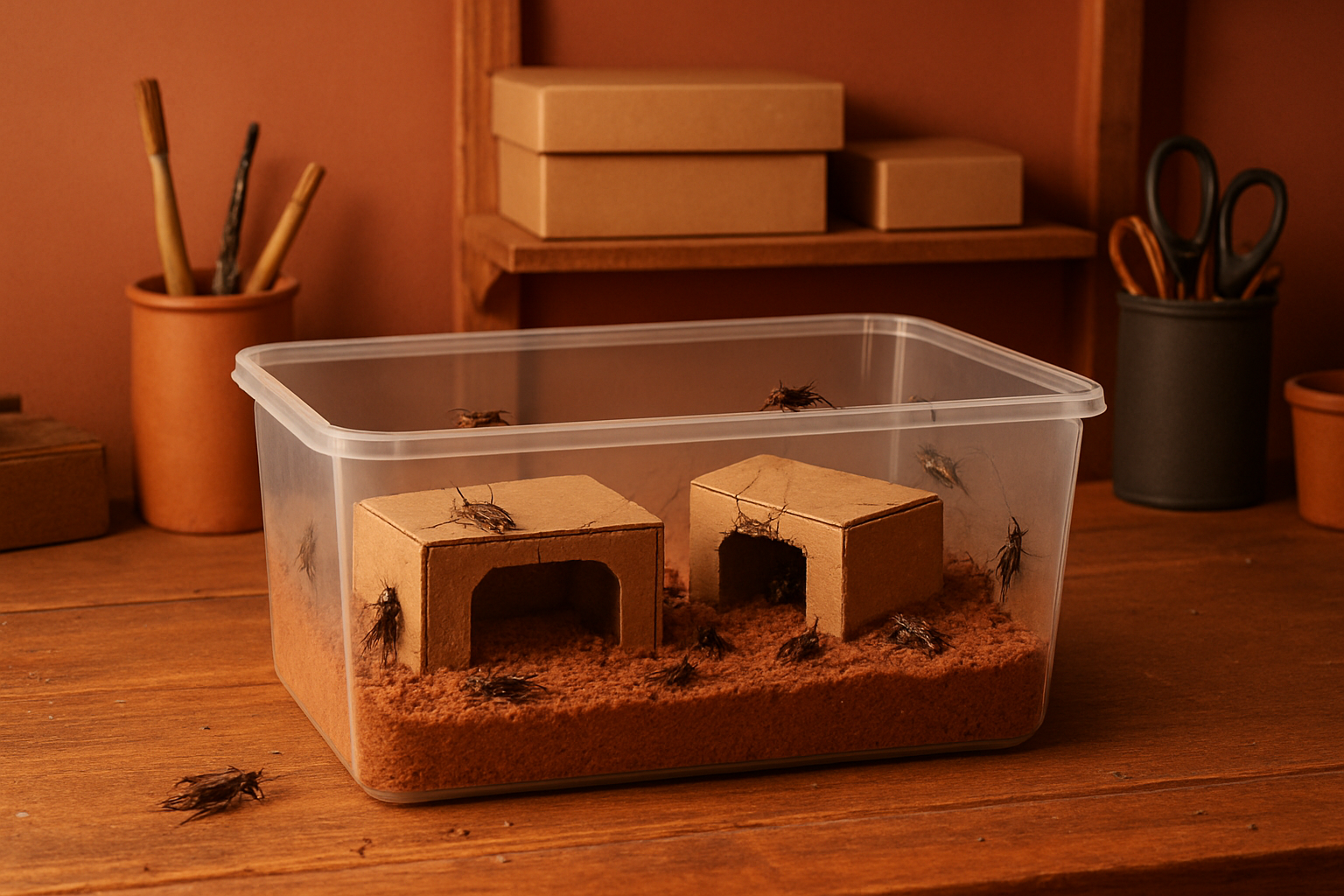 Bac d'elevage de grillons domestiques avec cachettes en carton et substrat, ambiance atelier maison en tons terracotta