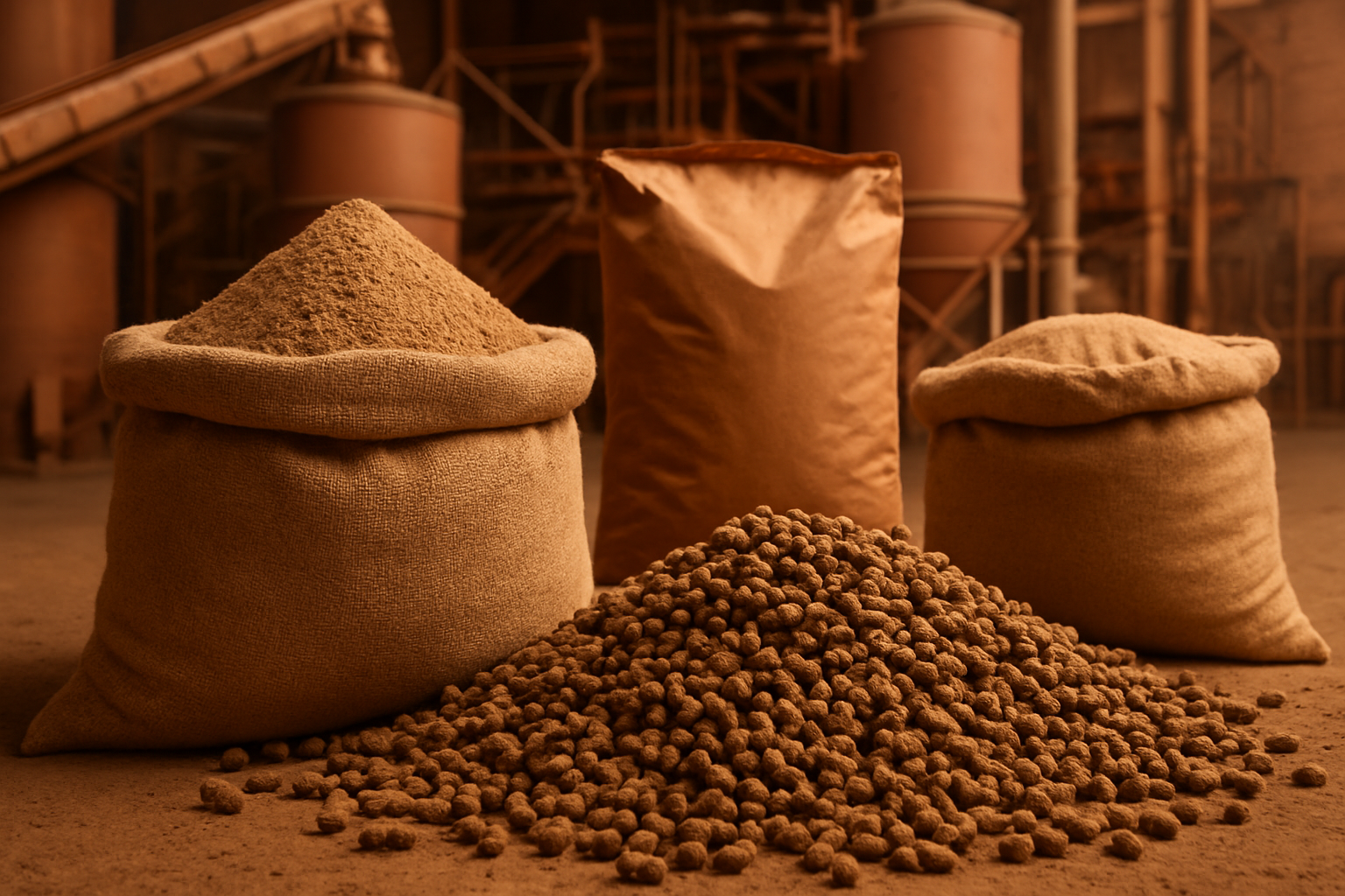 Farine d'insectes pour alimentation animale, sacs et granules feed, ambiance agro-industrielle aux tons terracotta