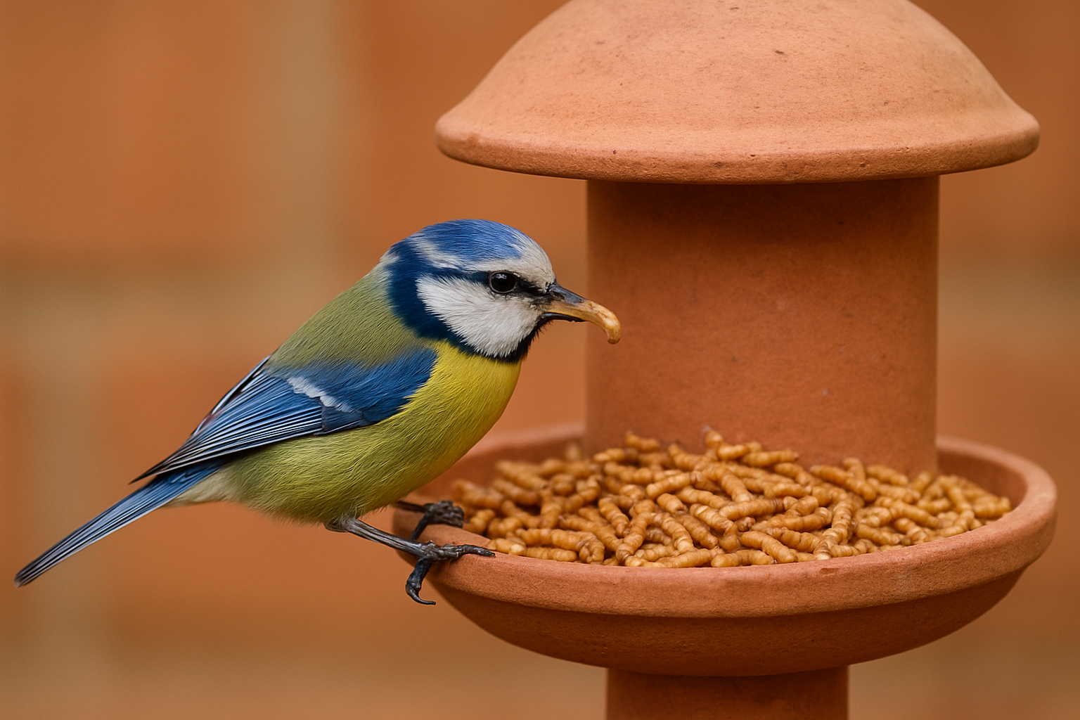 Mesange bleue posee sur une mangeoire de jardin garnie de vers de farine seches, tons terracotta
