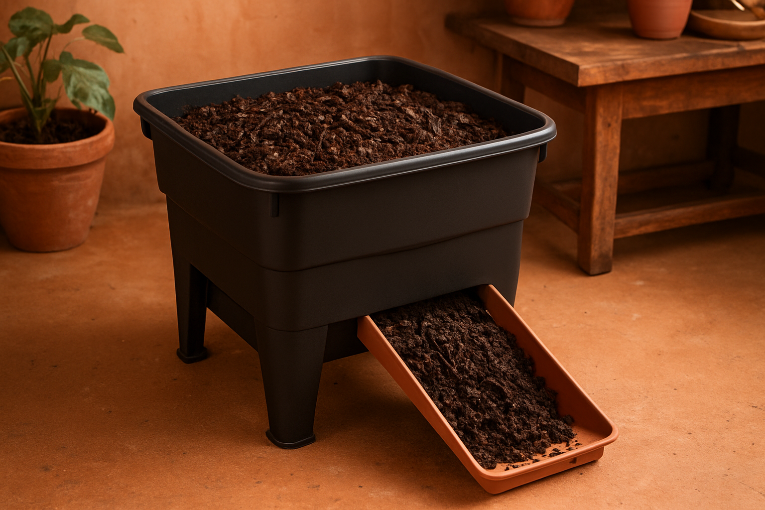Larves de mouche soldat noire dans un bio-composteur avec une rampe d'auto-recolte vers un bac de collecte, ambiance atelier de jardin, tons terracotta