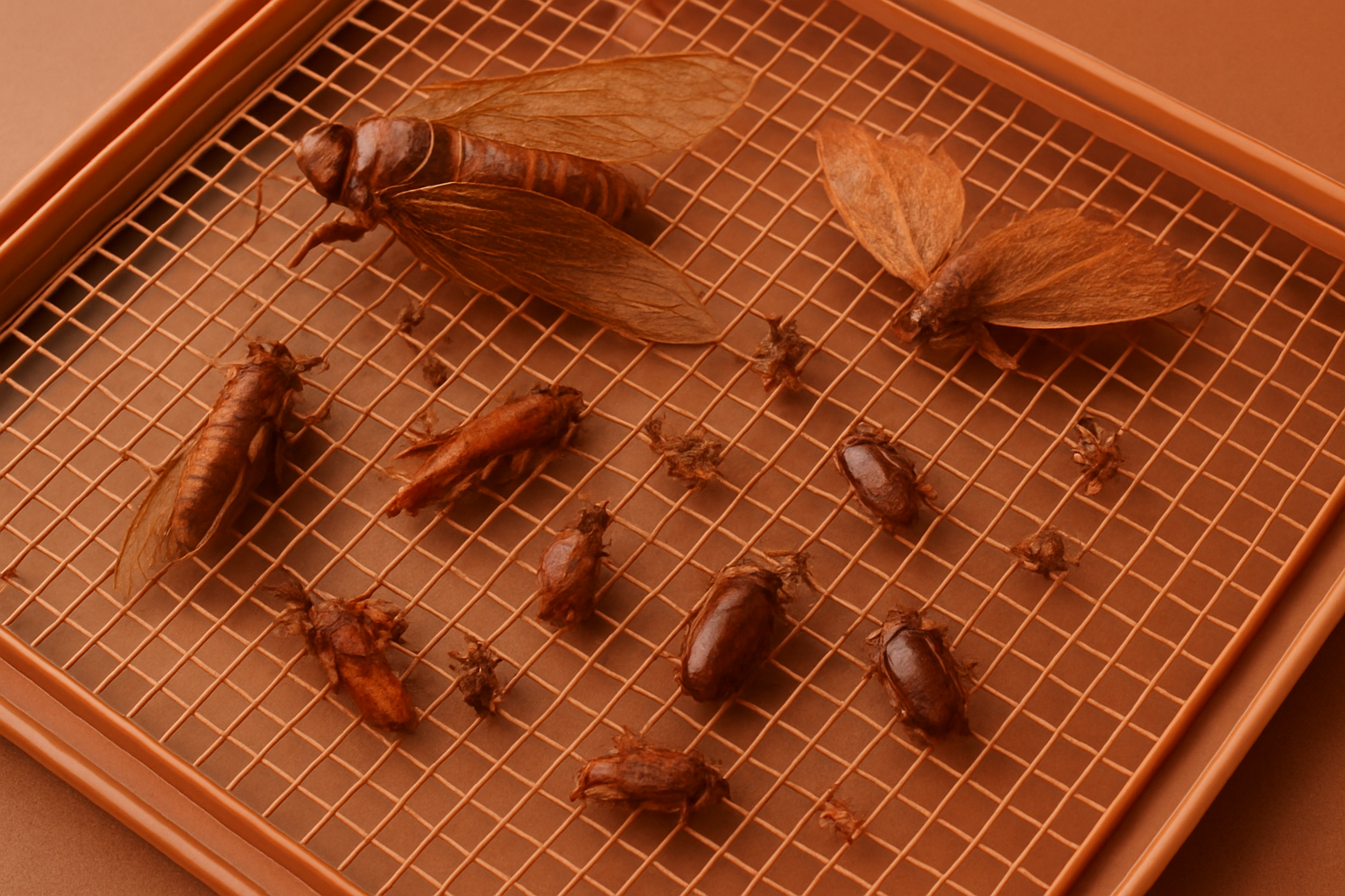 Insectes disposes en une seule couche sur la grille d'un deshydrateur alimentaire pour un sechage a basse temperature
