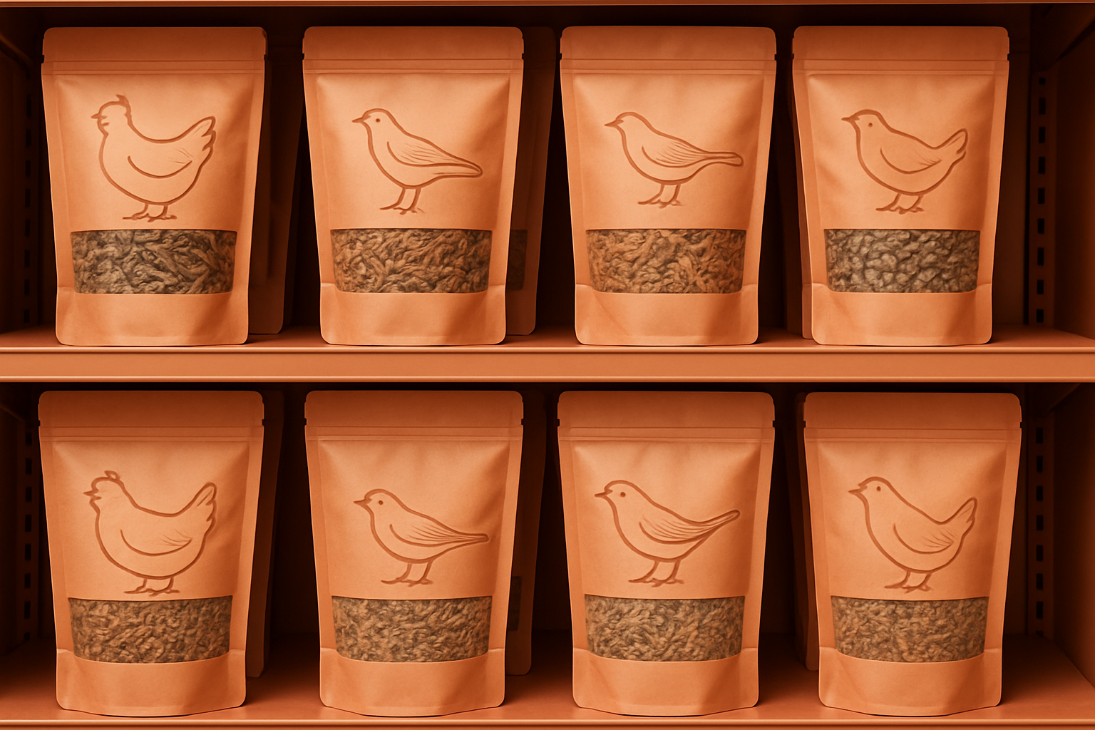 Rayon de jardinerie et d'animalerie présentant des sachets de vers de farine et d'insectes séchés pour poules et oiseaux, ambiance aux tons terracotta