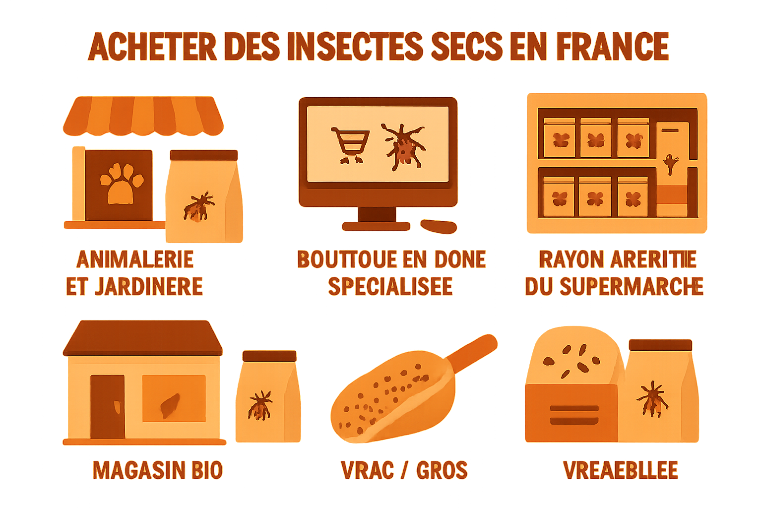 Illustration des cinq circuits pour acheter des insectes seches en France : animalerie et jardinerie, boutique en ligne, grande surface, magasin bio, vrac et gros