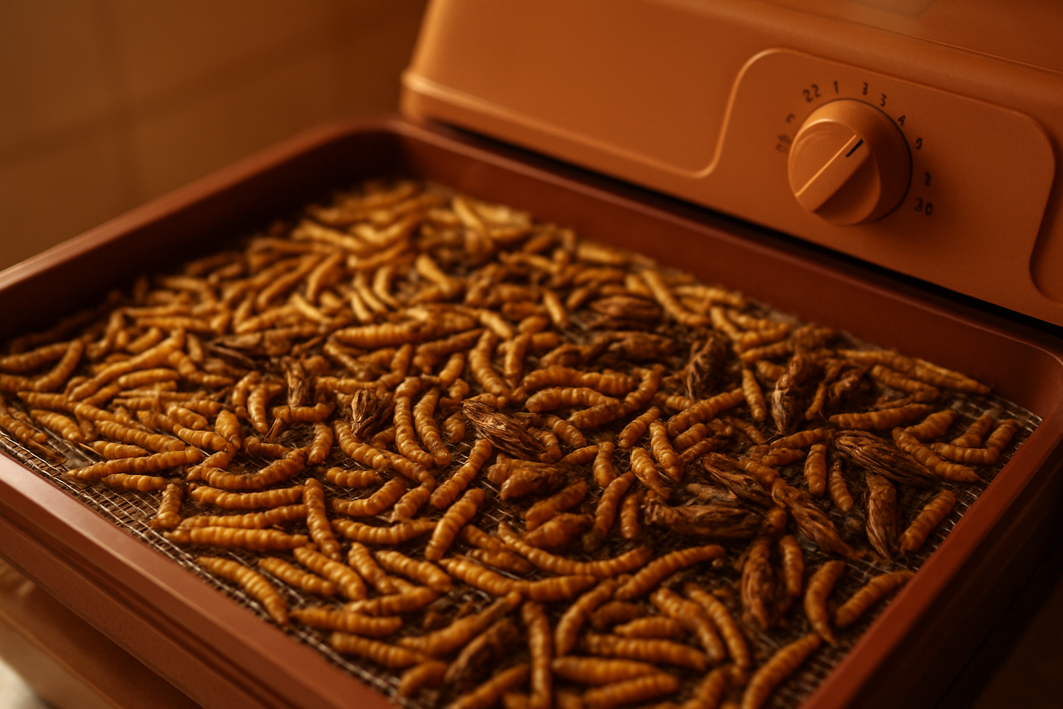 Vers de farine etales en une seule couche sur le plateau maille d'un deshydrateur alimentaire, molette de temperature visible