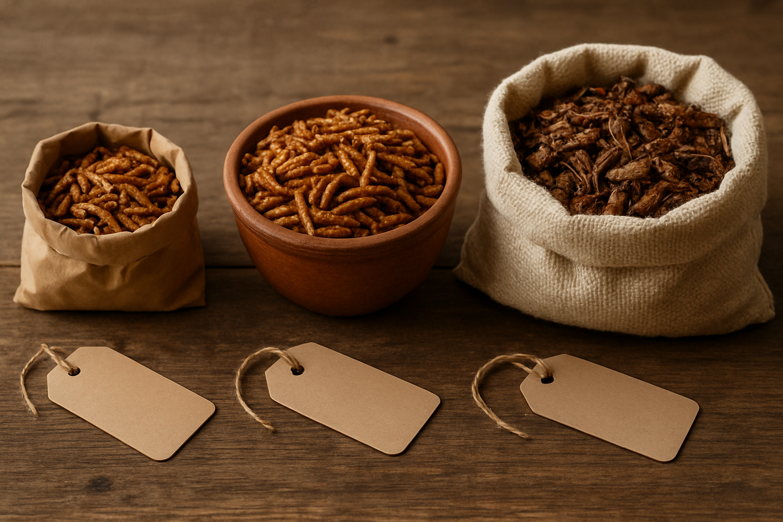 Trois portions d'insectes séchés côte à côte, du petit sachet artisanal au pot puis au sac en vrac, chacune avec une étiquette de prix vierge, illustrant la baisse du prix au kilo avec le volume