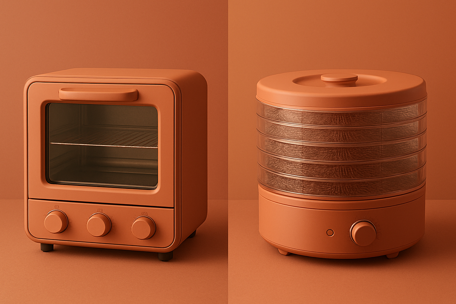 Comparaison entre un four menager porte entrouverte et un deshydrateur alimentaire a plateaux pour secher des insectes, tons terracotta