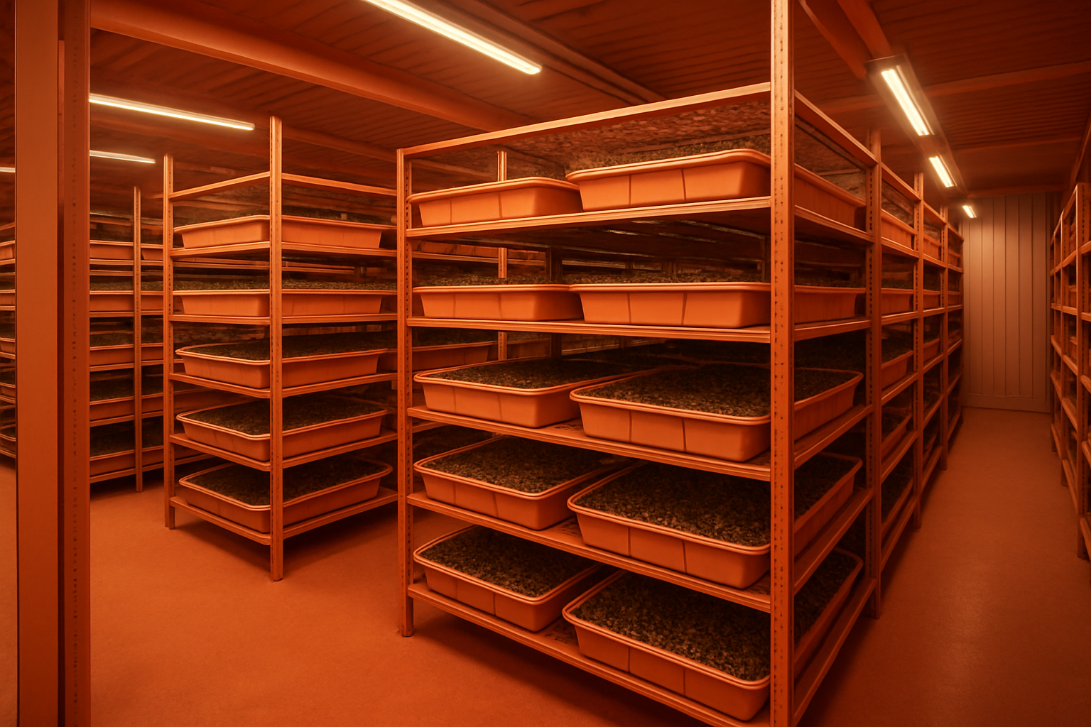Ferme verticale industrielle d'élevage d'insectes en France, hauts racks de bacs empilés, ambiance agro-industrielle moderne aux tons terracotta