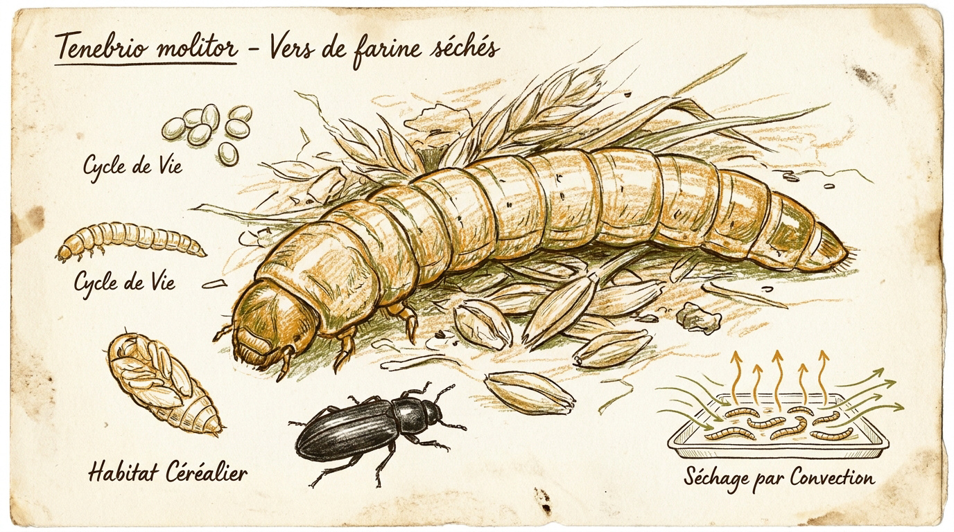 Cycle de vie du Tenebrio molitor et processus de séchage des larves