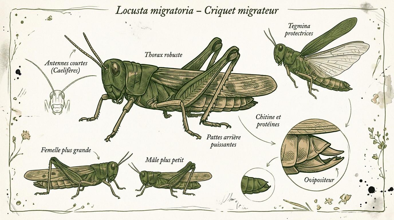 Illustration détaillée de la morphologie du criquet migrateur Locusta migratoria