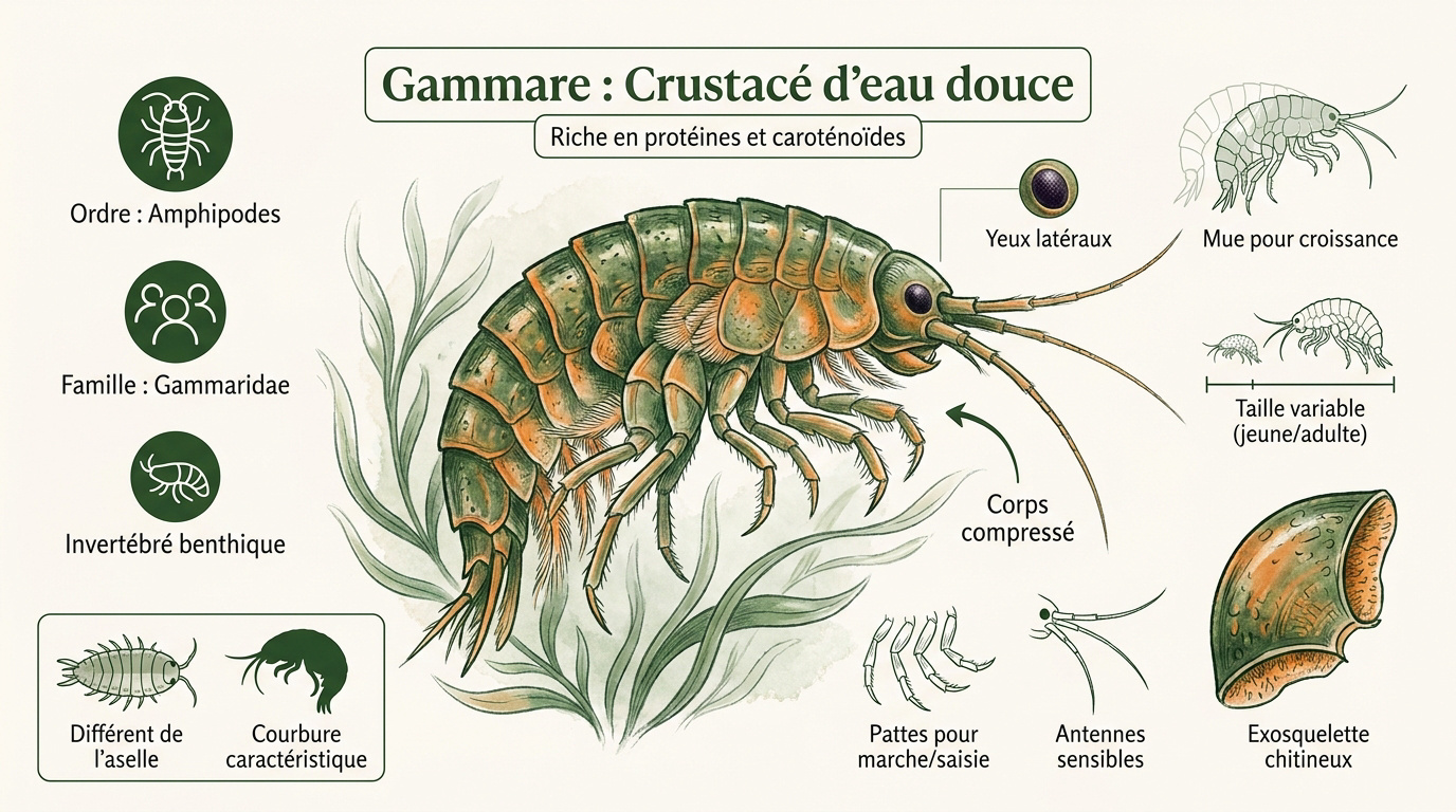 Infographie détaillée du gammare, petit crustacé d'eau douce riche en protéines