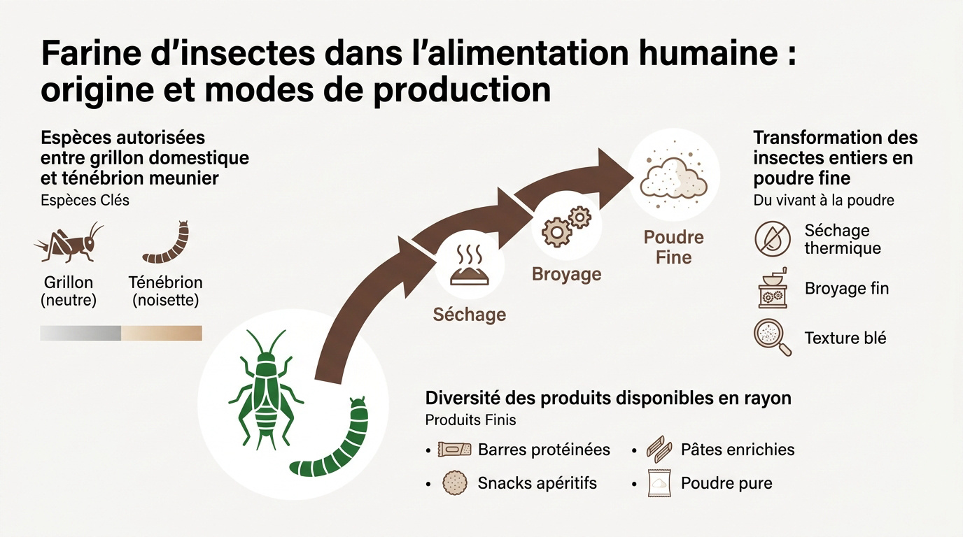 Cycle de production de la farine d'insectes du séchage au broyage