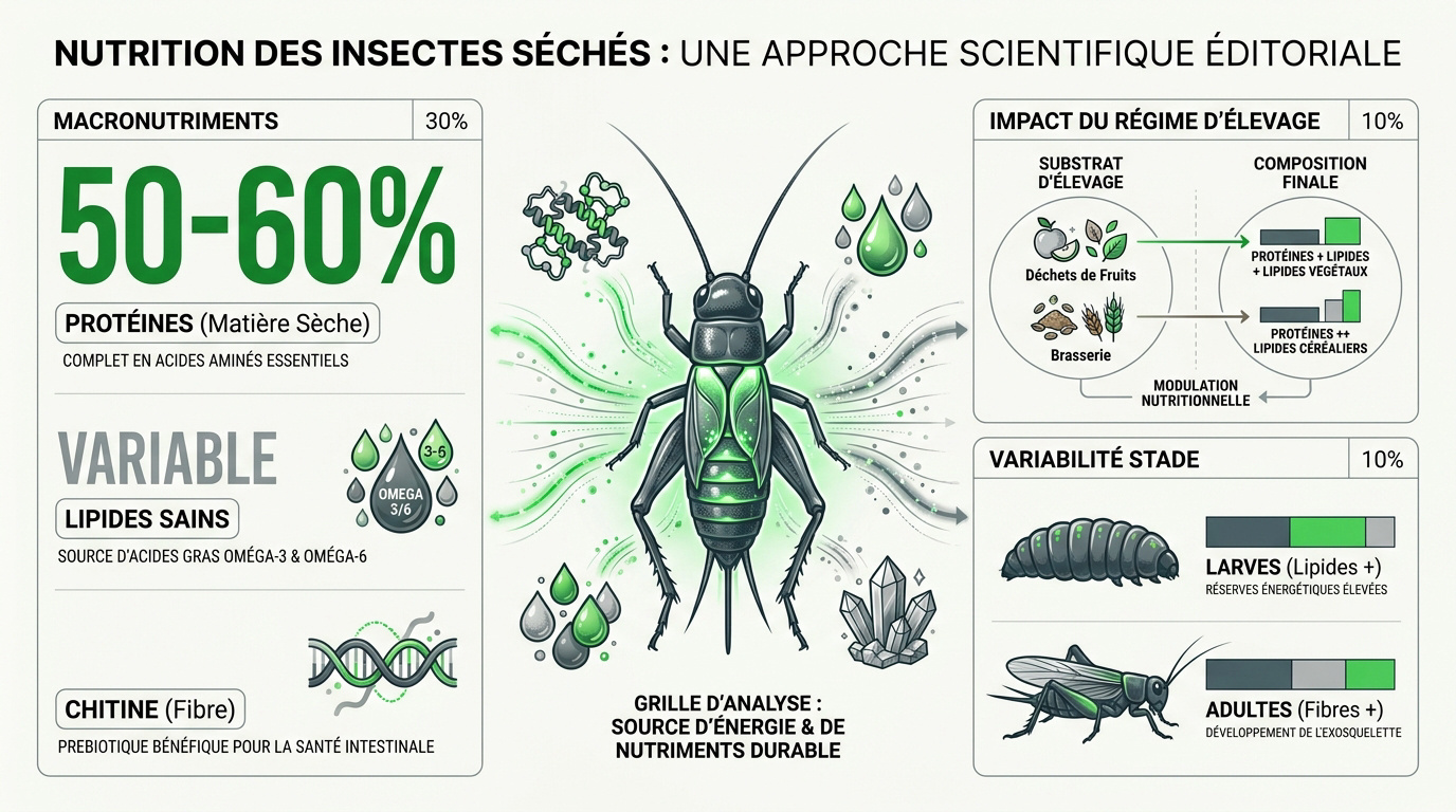 Analyse scientifique de la nutrition des insectes séchés mettant en avant les protéines et lipides
