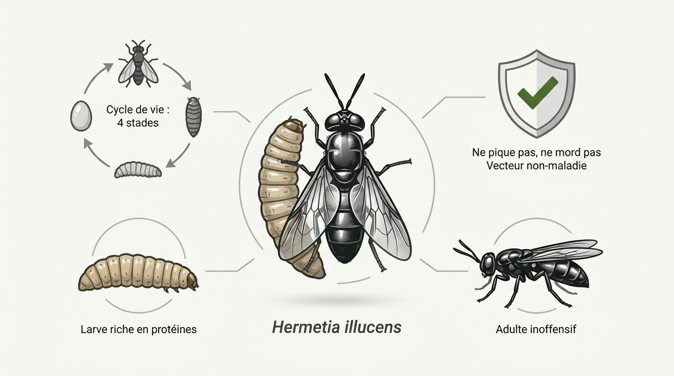 Infographie détaillant le cycle de vie et les caractéristiques nutritionnelles de la mouche soldat noire Hermetia illucens