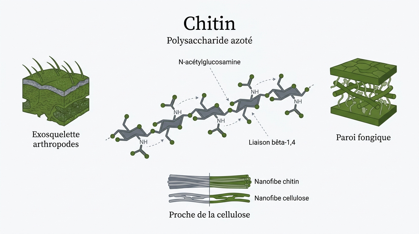 Infographie détaillant la structure moléculaire de la chitine et sa présence dans l'exosquelette des insectes