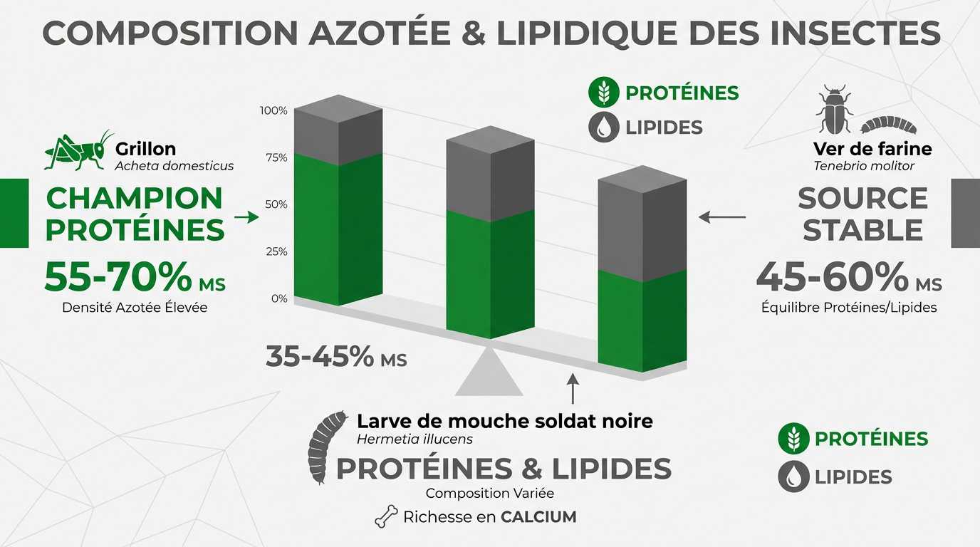 Tableau comparatif de la teneur en protéines et lipides des insectes comestibles