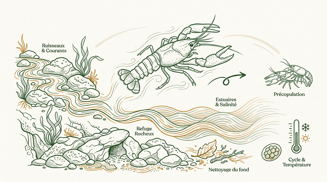 Infographie naturaliste détaillant l'anatomie et l'habitat des crustacés gammares