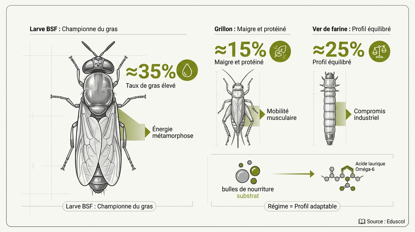 Comparaison graphique des taux de lipides entre la mouche soldat noire, le grillon et le ver de farine