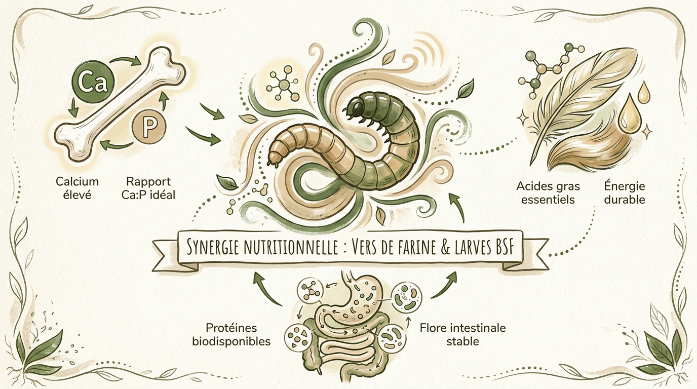 Mélange de vers de farine et larves de mouche soldat noire séchés pour alimentation animale