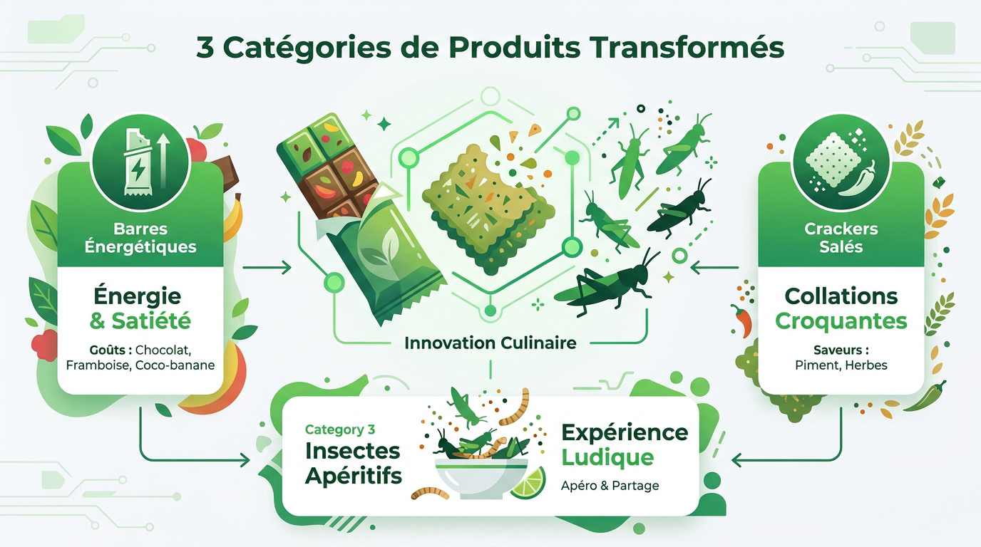 Sélection de barres protéinées, crackers et insectes assaisonnés pour l'apéritif