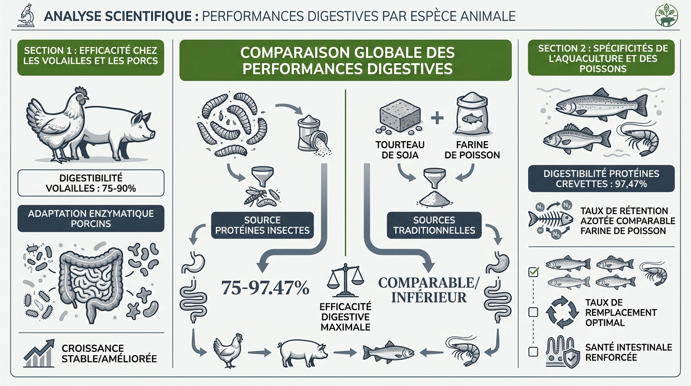 Comparaison de la digestibilité des protéines d'insectes selon les espèces animales d'élevage