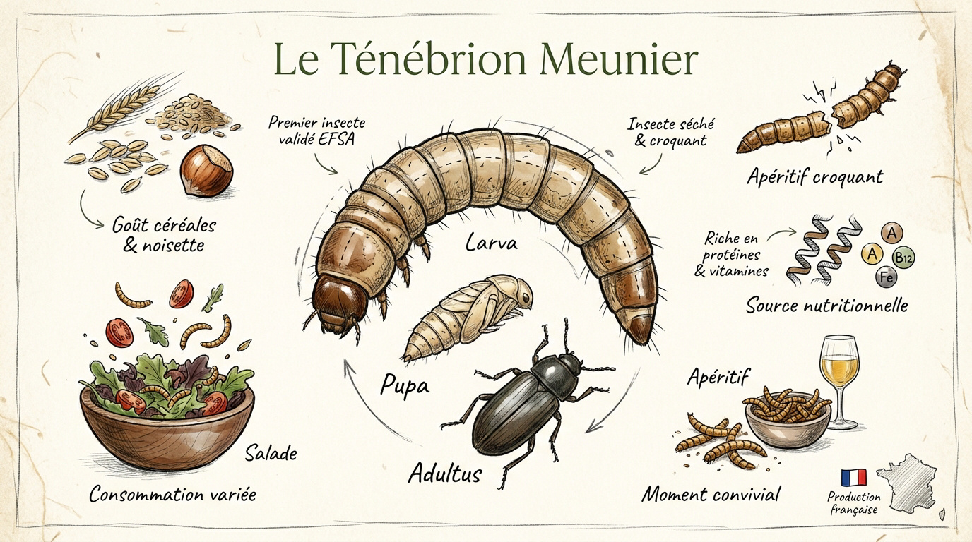 Infographie détaillée sur les caractéristiques nutritionnelles du ver de farine Tenebrio molitor