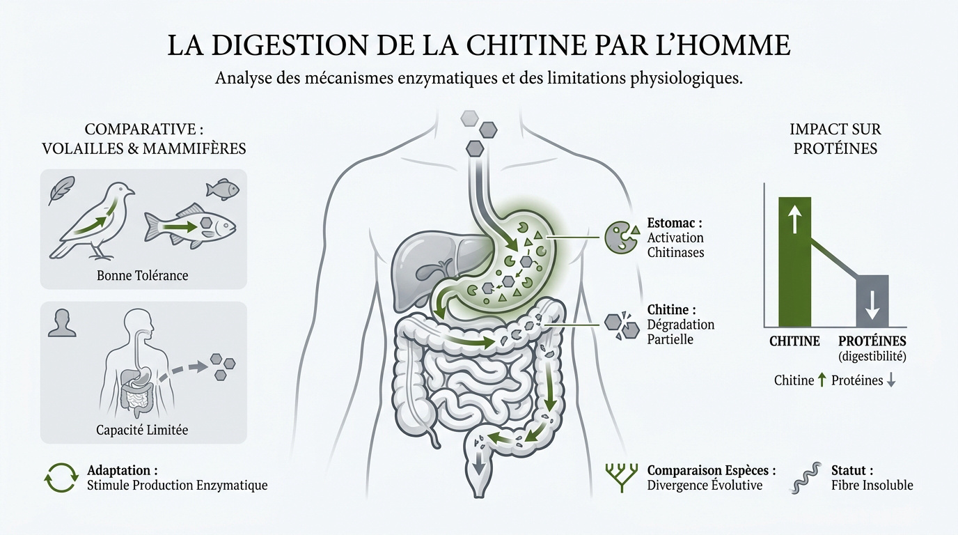 Schéma de la digestion de la chitine et action des enzymes gastriques chez l'humain