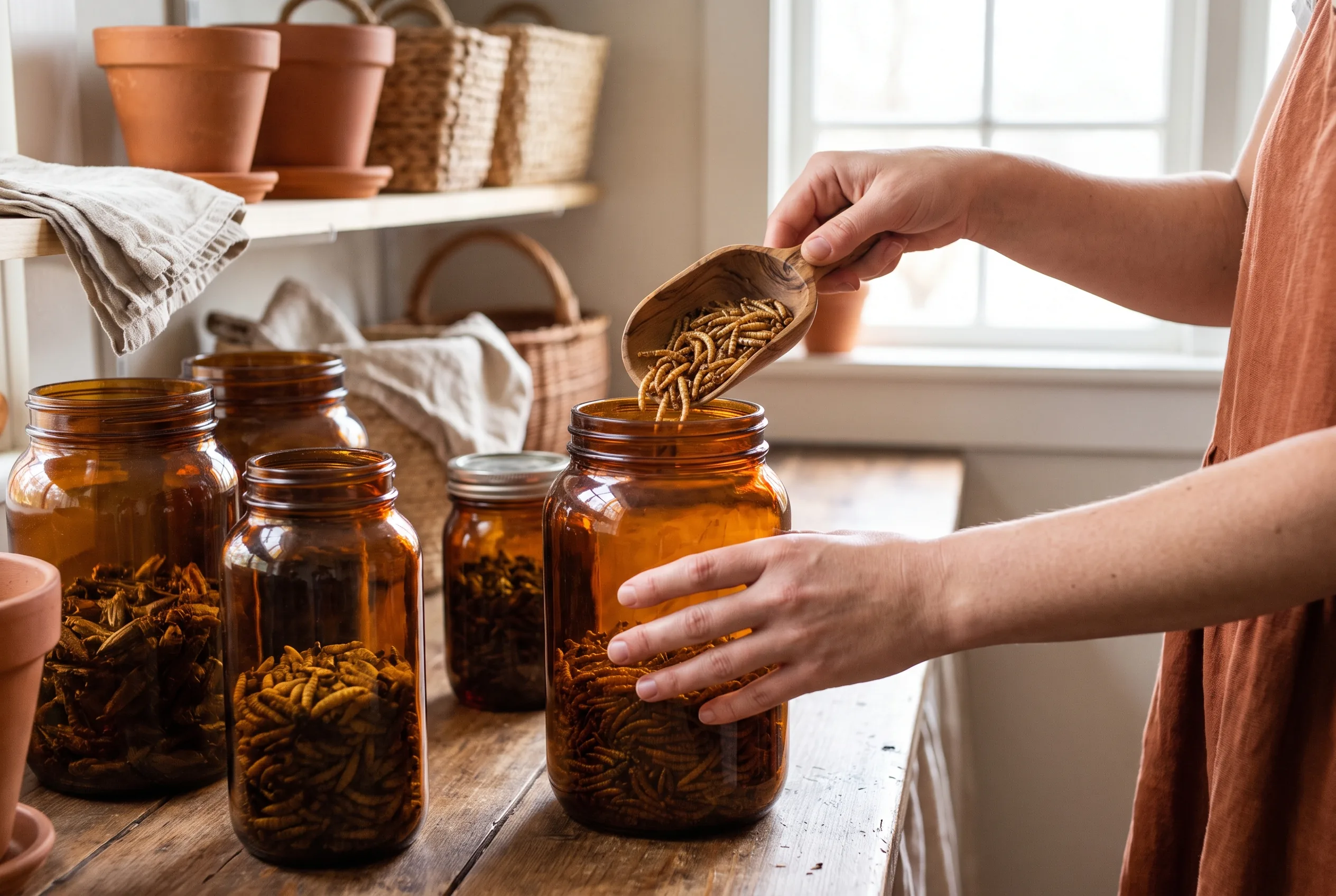 Mains versant des insectes séchés dans des bocaux de conservation ambrés, ambiance garde-manger naturel