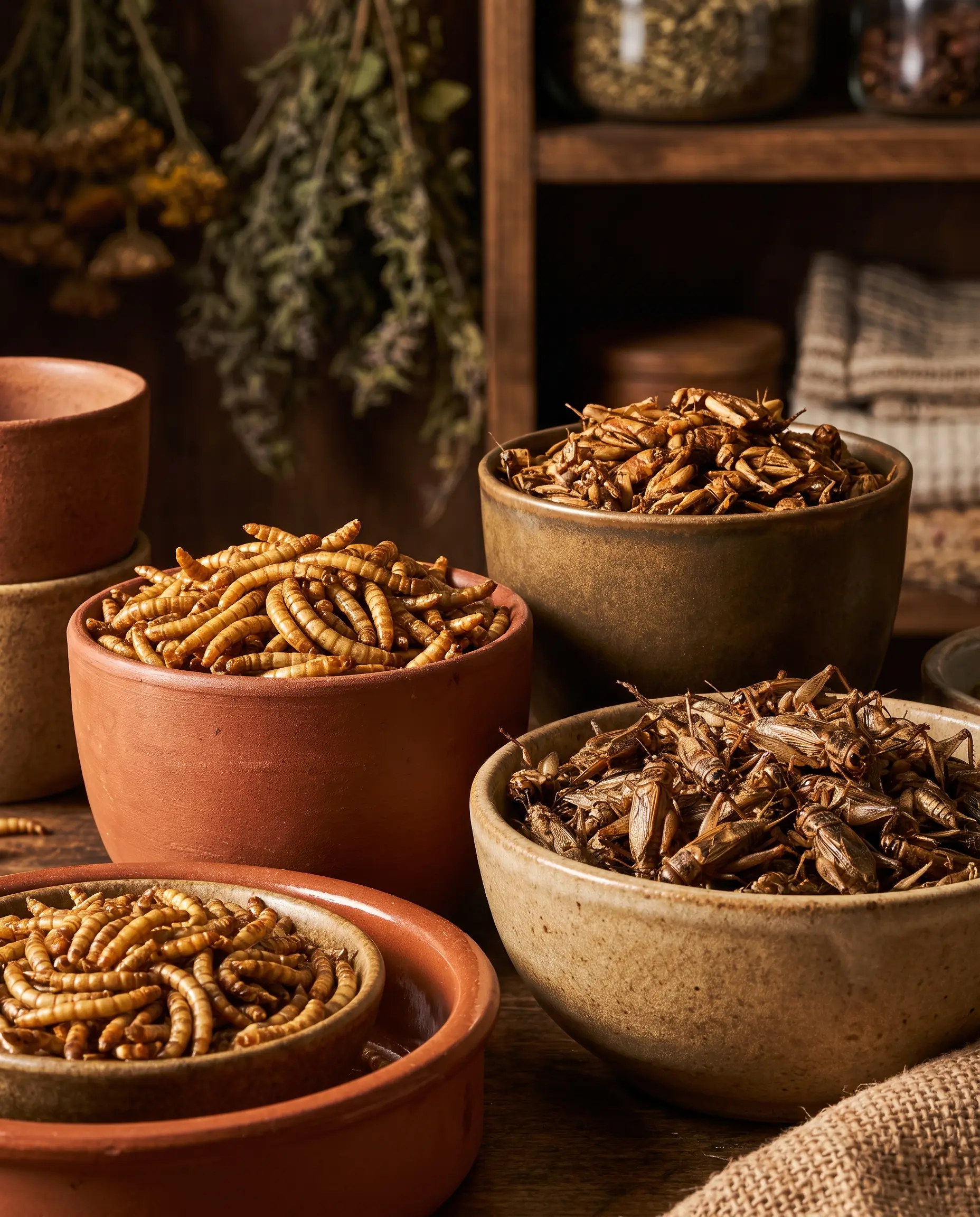 Assortiment d'insectes séchés (vers de farine dorés et grillons) dans des coupelles, macro éditoriale